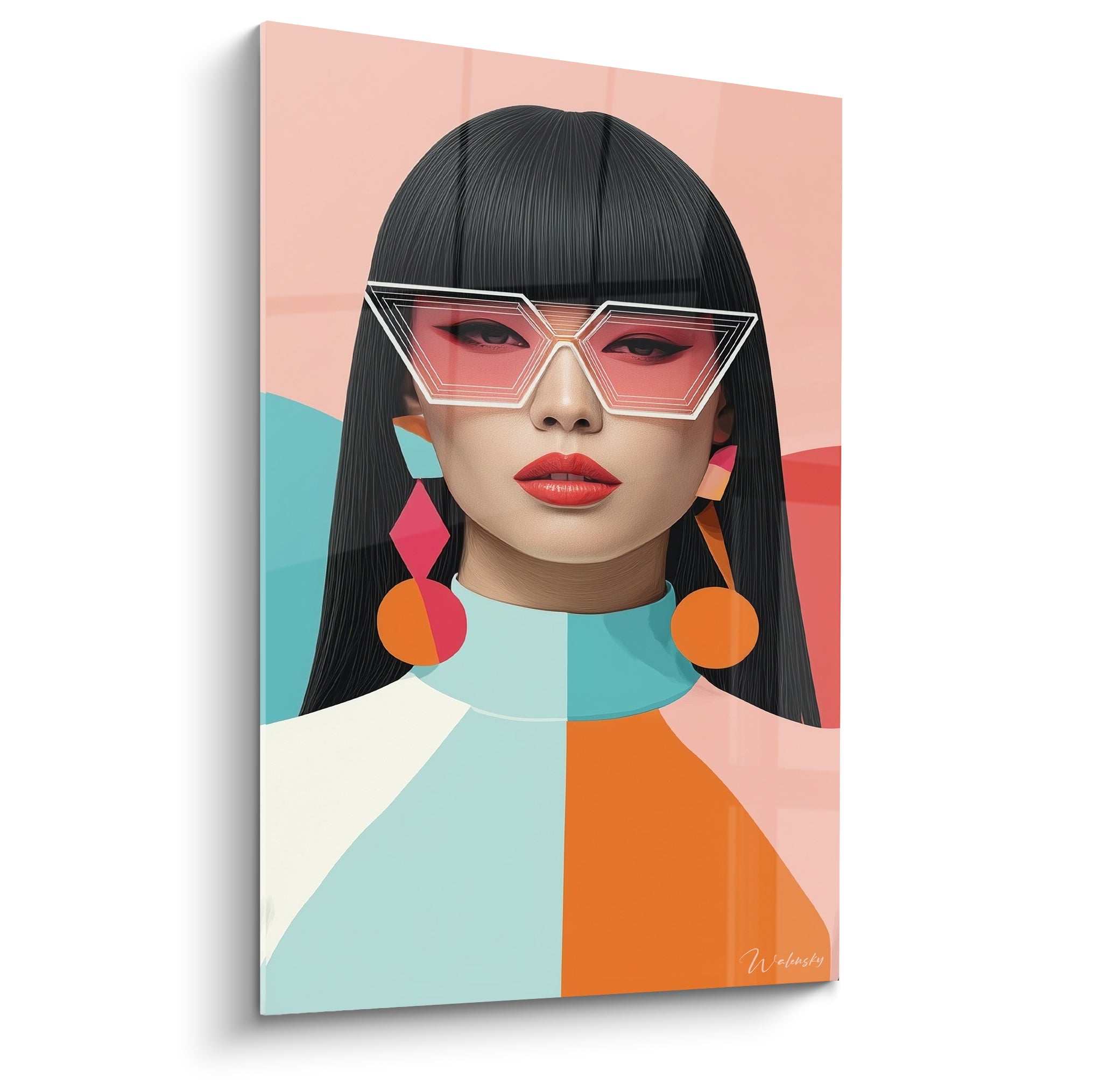 Illustration de mode d'un visage aux lunettes roses, cheveux noirs et vêtement turquoise orange