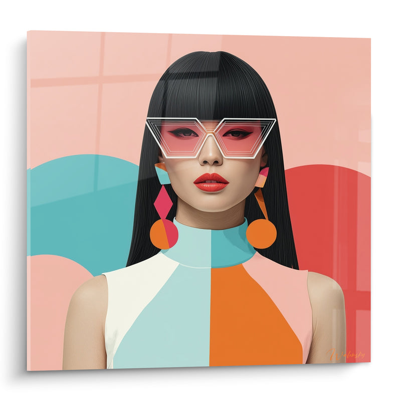 Tableau Mannequin lunettes triangulaires rose et turquoise - Allure futuriste - Edition Illustration de mode
