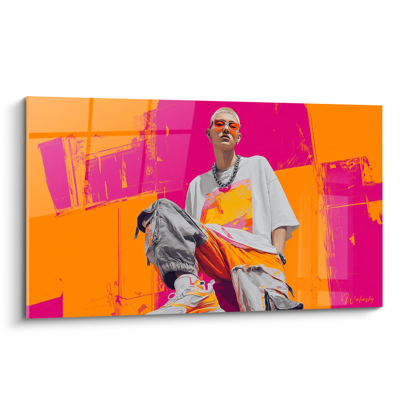 Tableau Homme aux cheveux blonds orange et fuchsia - Chaîne argentée massive - Edition Illustration de mode