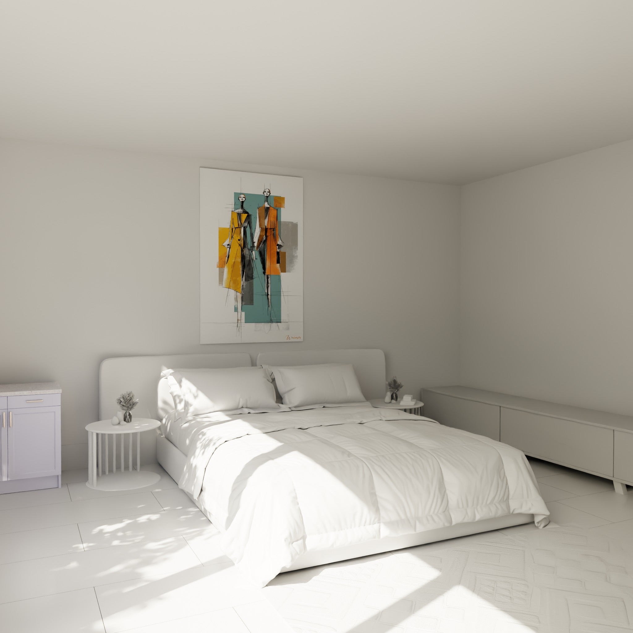 Deux figures stylisées en manteaux orange et bleu canard, au-dessus d'un lit dans une chambre claire