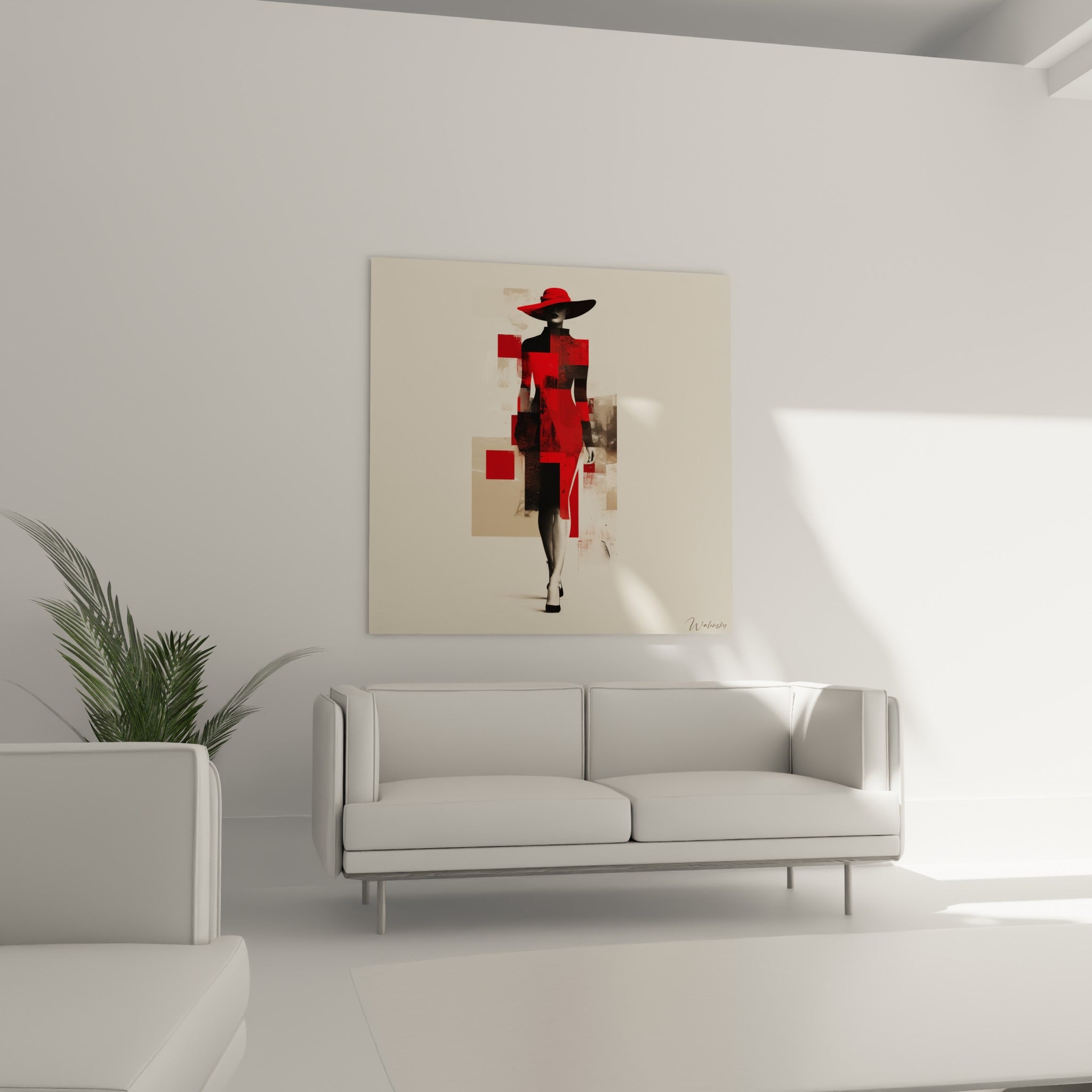 Marche assurée en rouge et beige sur toile accrochée au-dessus d'un canapé dans un salon lumineux