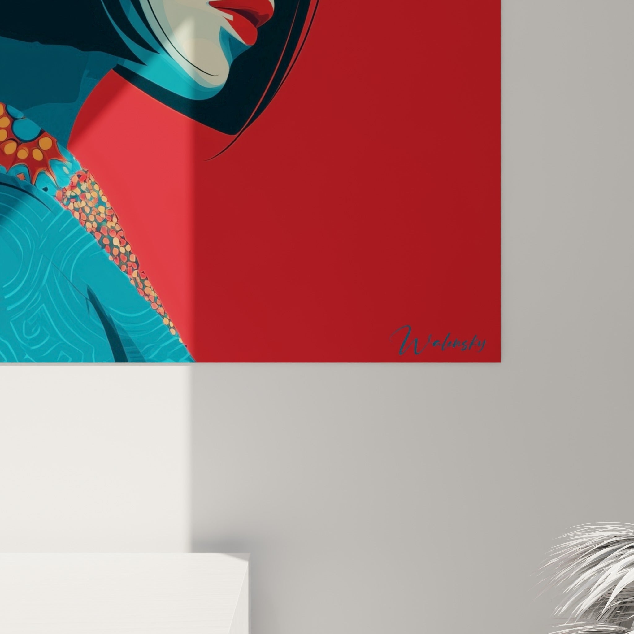 Détail des motifs orange et bleu du kimono peint, textures nettes et aplats colorés visibles de près sur la toile