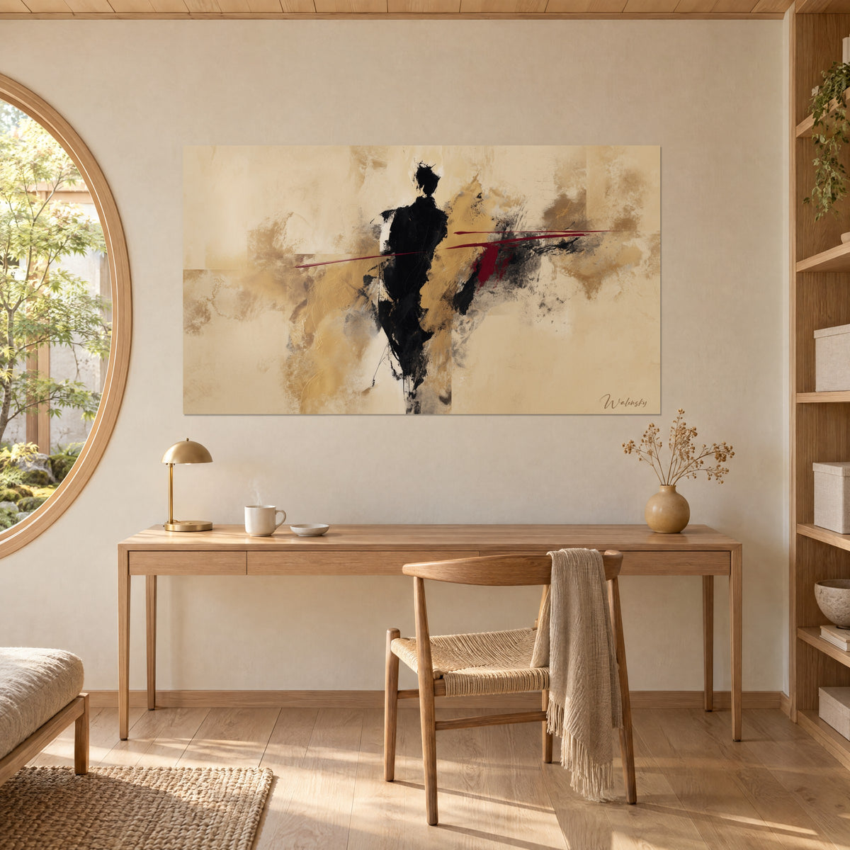 Wall art black human shadow pierced by burgundy lines on cream and ochre background, light wood desk, round mirror, potted plant