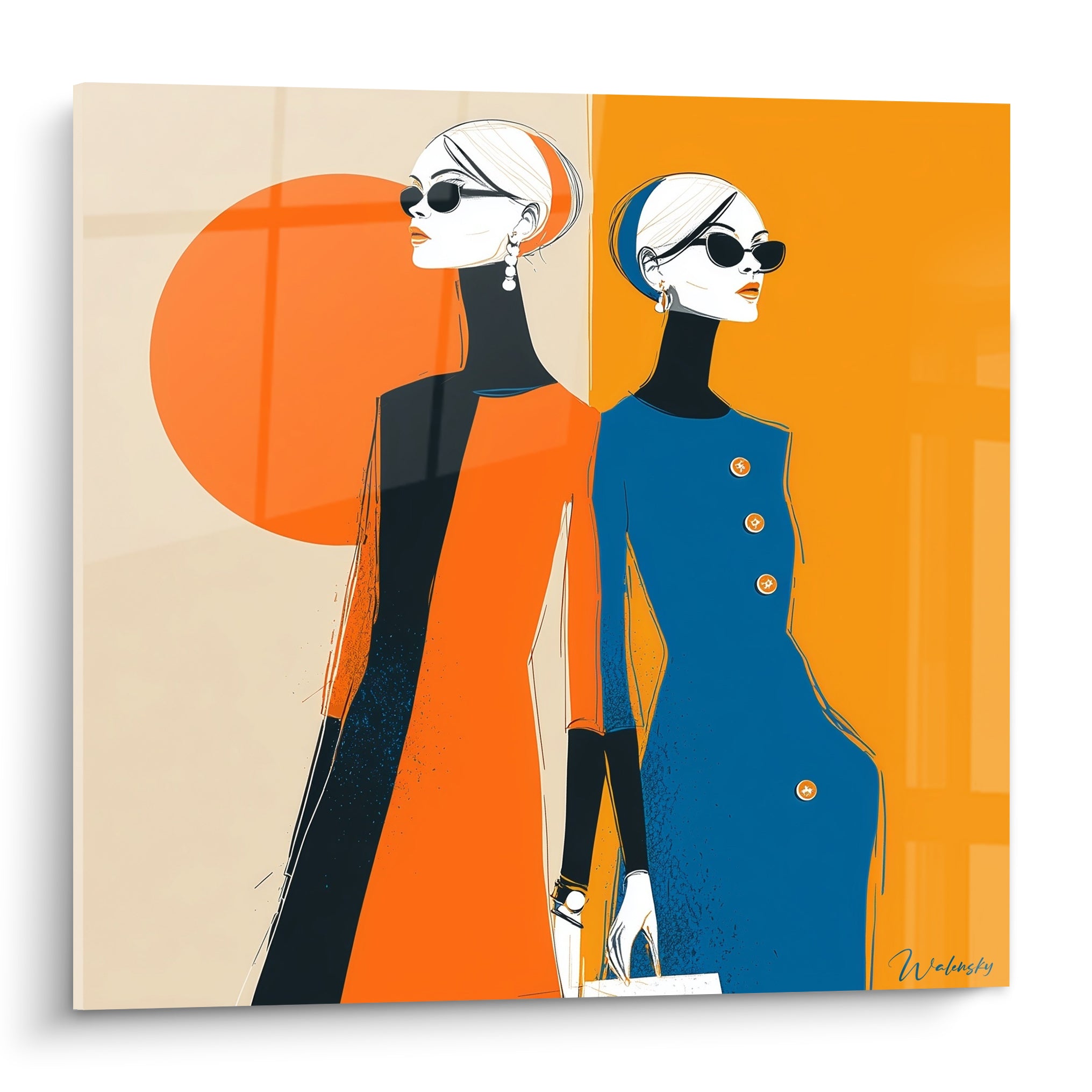 Illustration de mode montrant deux silhouettes en robes orange fauve et bleu marine sur fond bicolore