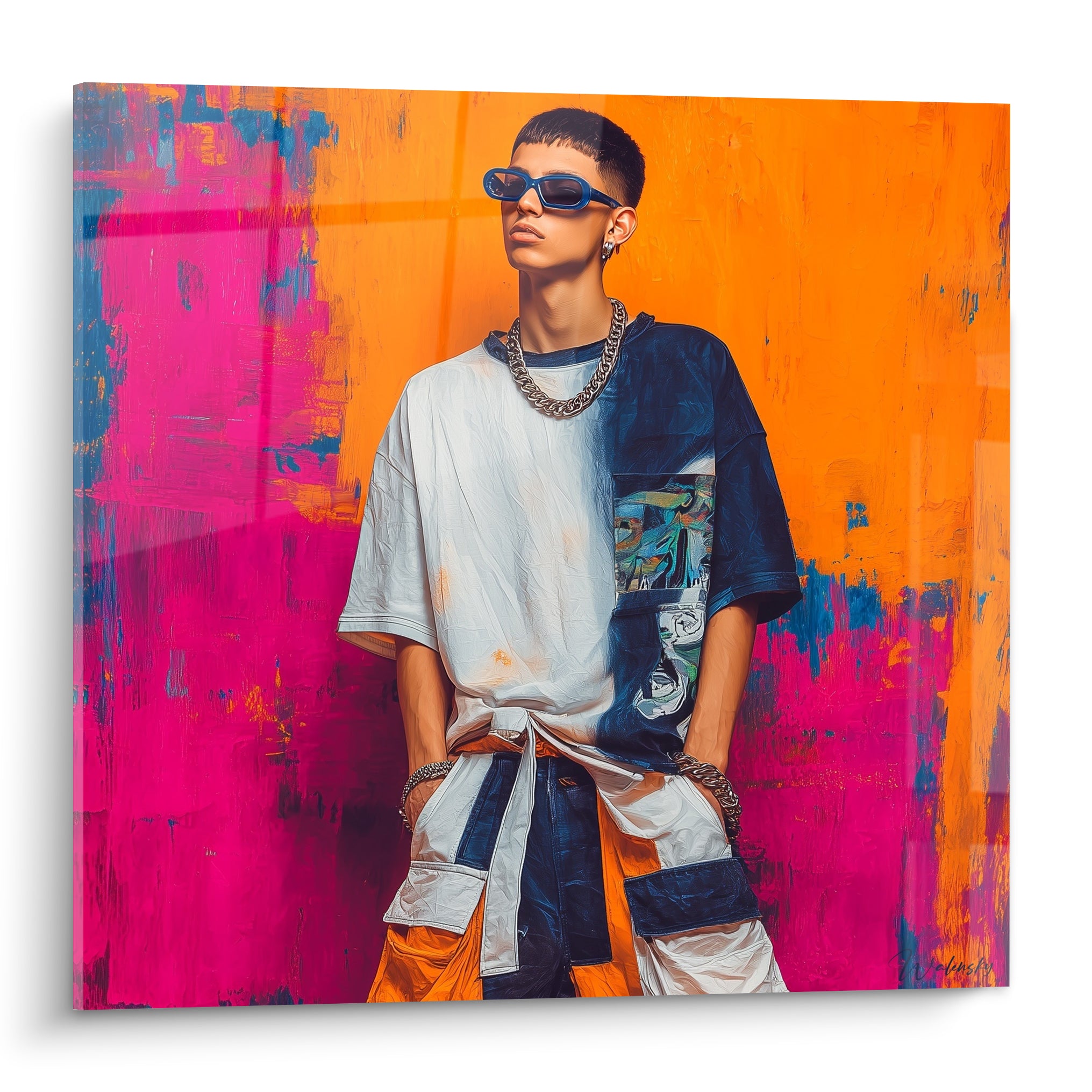 Illustration de mode d'un jeune homme en tenue bleu marine et blanche sur fond orange et fuchsia