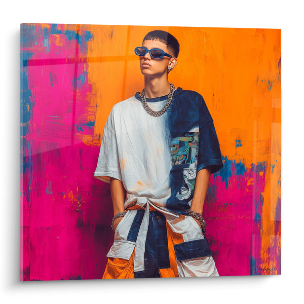 Artwork Young Urban Man in Orange and Fuchsia Tones - Urban Attitude - Fashion Illustration Edition