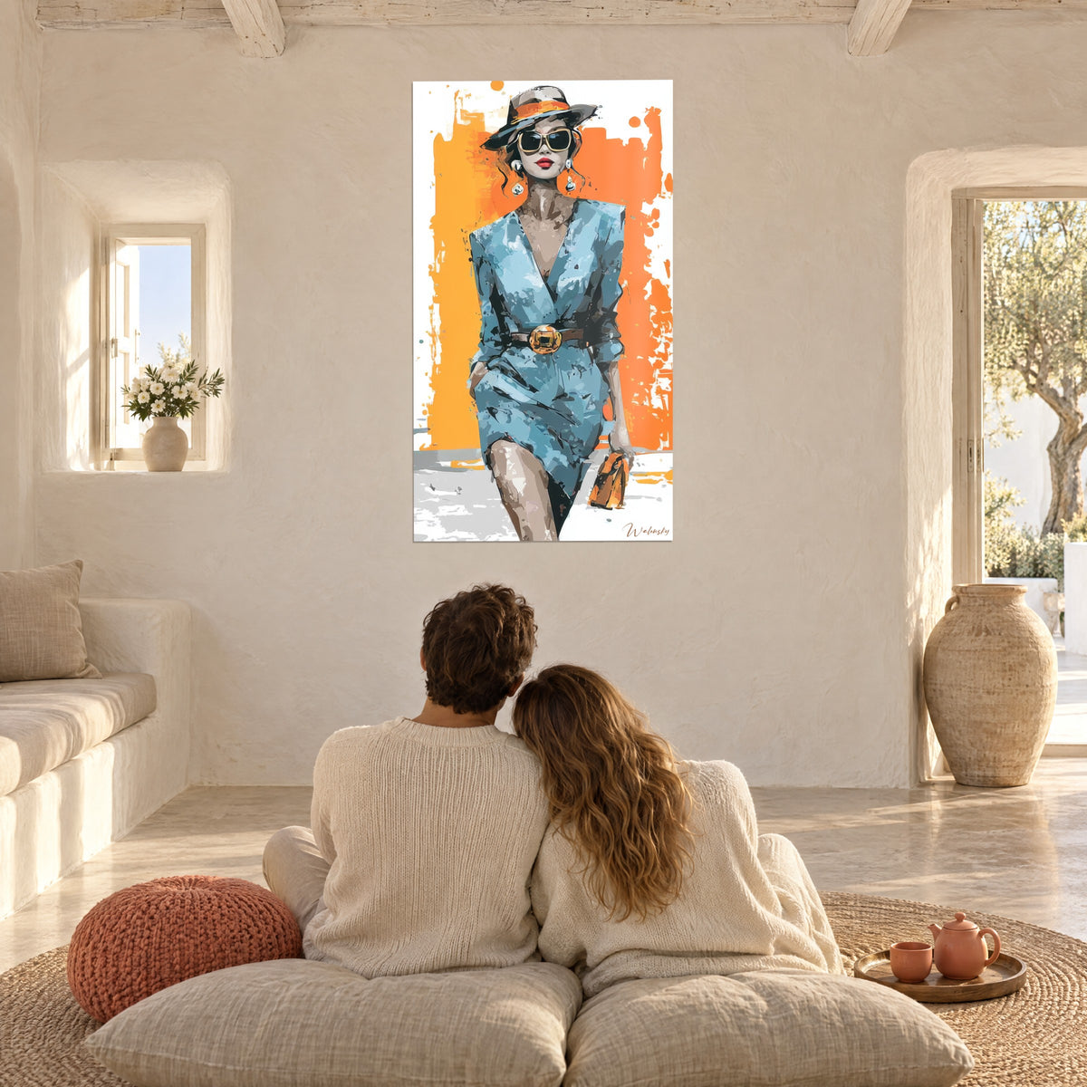 Wall art of a fashion illustration, glacier-blue wrap dress and copper belt on tangerine background, white wall of a living room