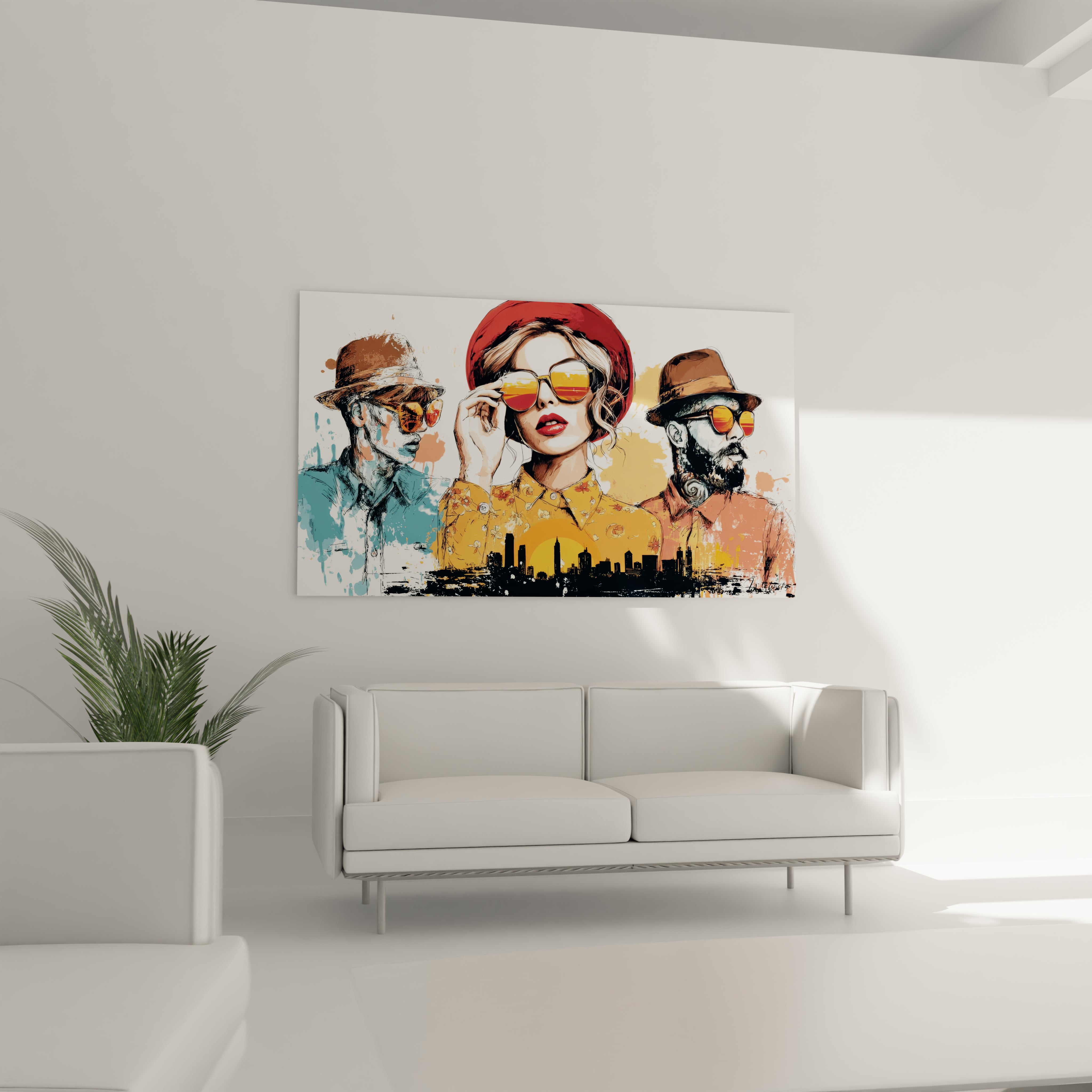 Tableau illustration mode représentant des personnages stylés avec lunettes et chapeaux sur fond coloré