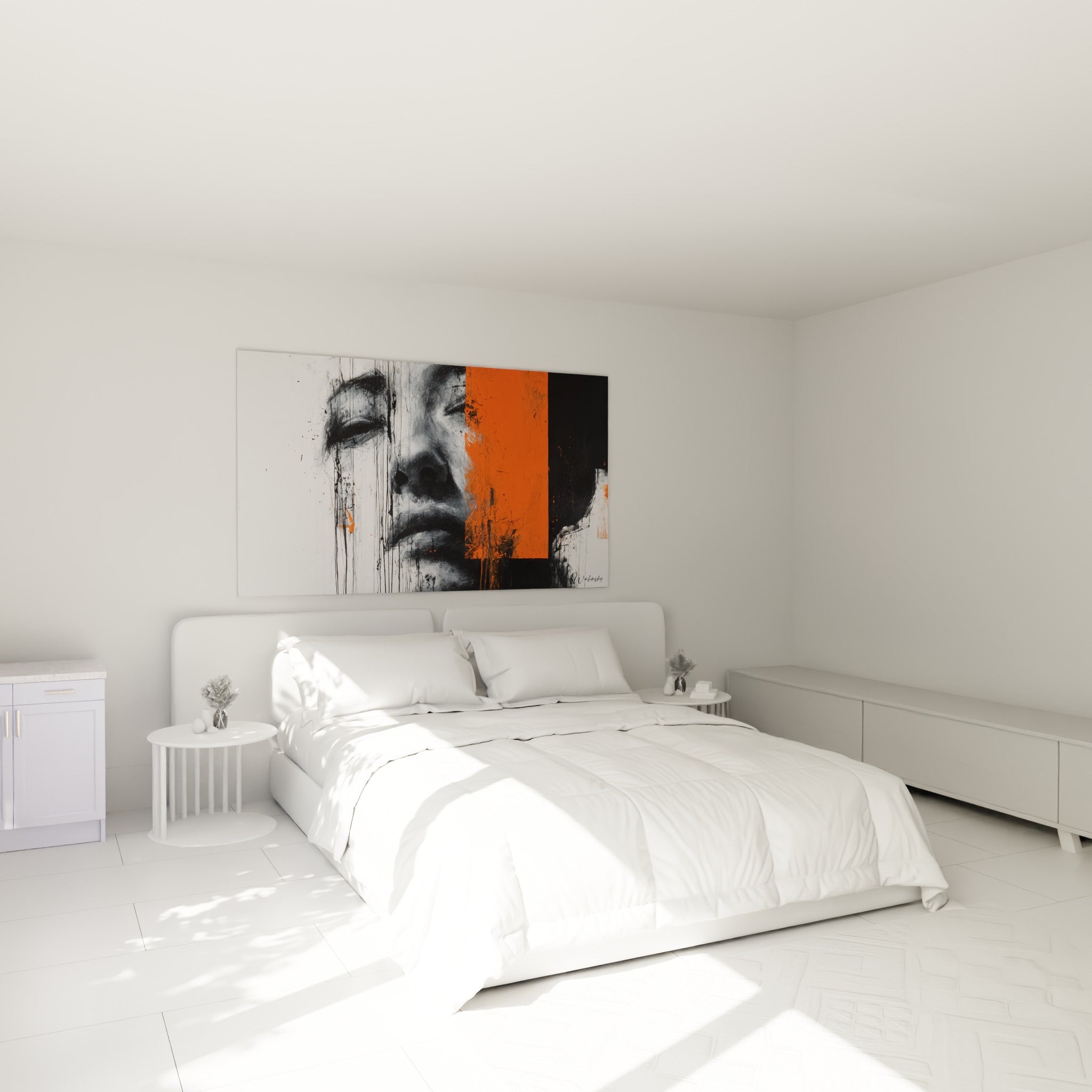 Visage gris et orange aux traits estompés, illustration de mode au-dessus d'un lit dans une chambre claire