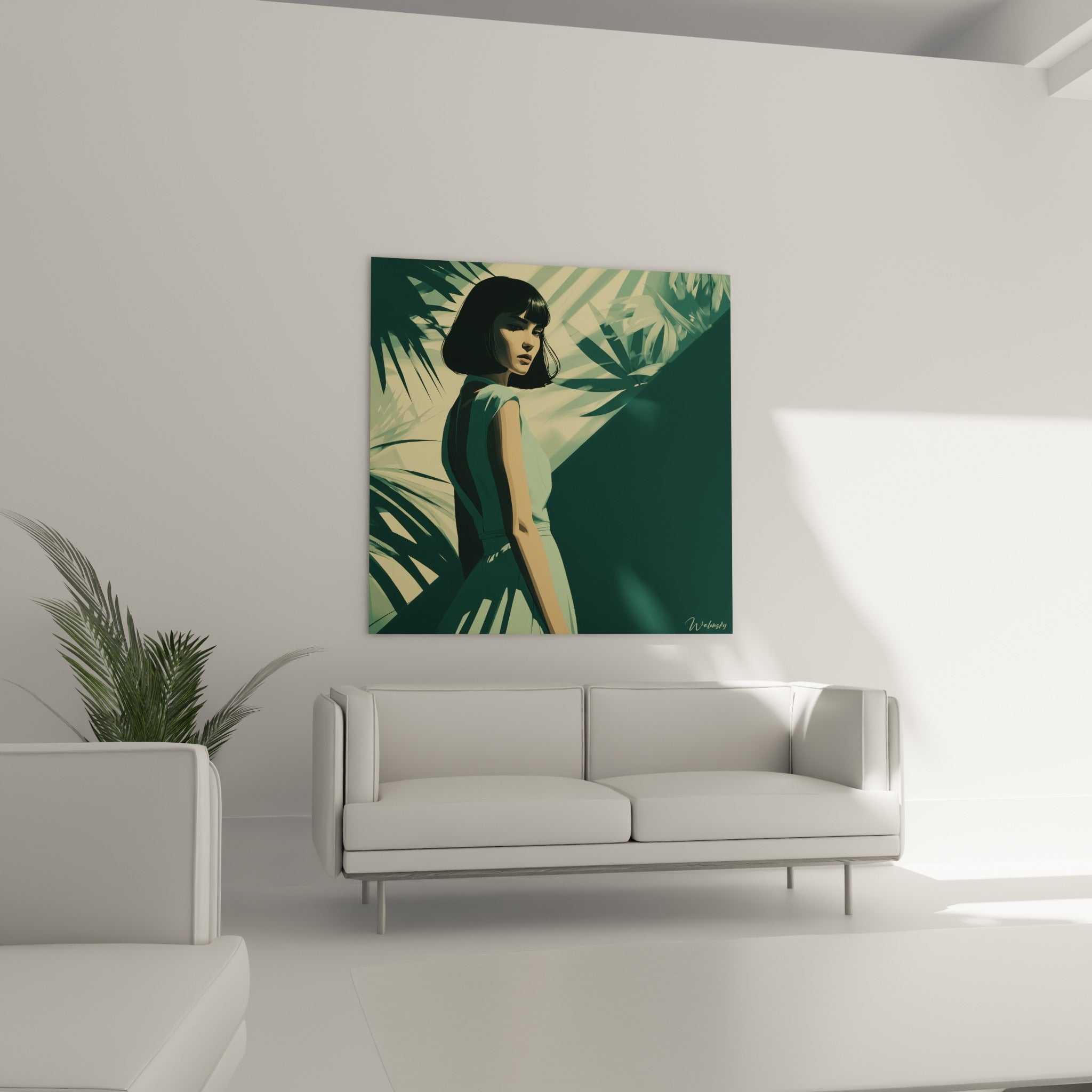 Portrait stylisé aux tons ocre et anthracite, suspendu au-dessus d'un canapé dans un salon lumineux.