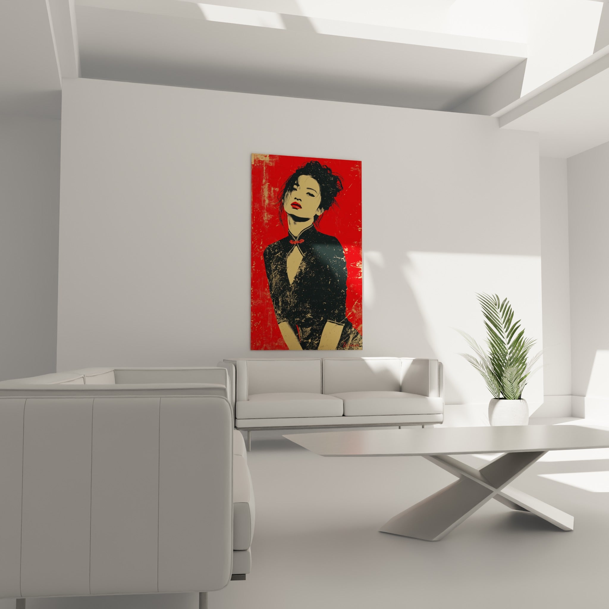 Portrait rouge et noir d'une femme assurée au-dessus d'un canapé dans un salon lumineux