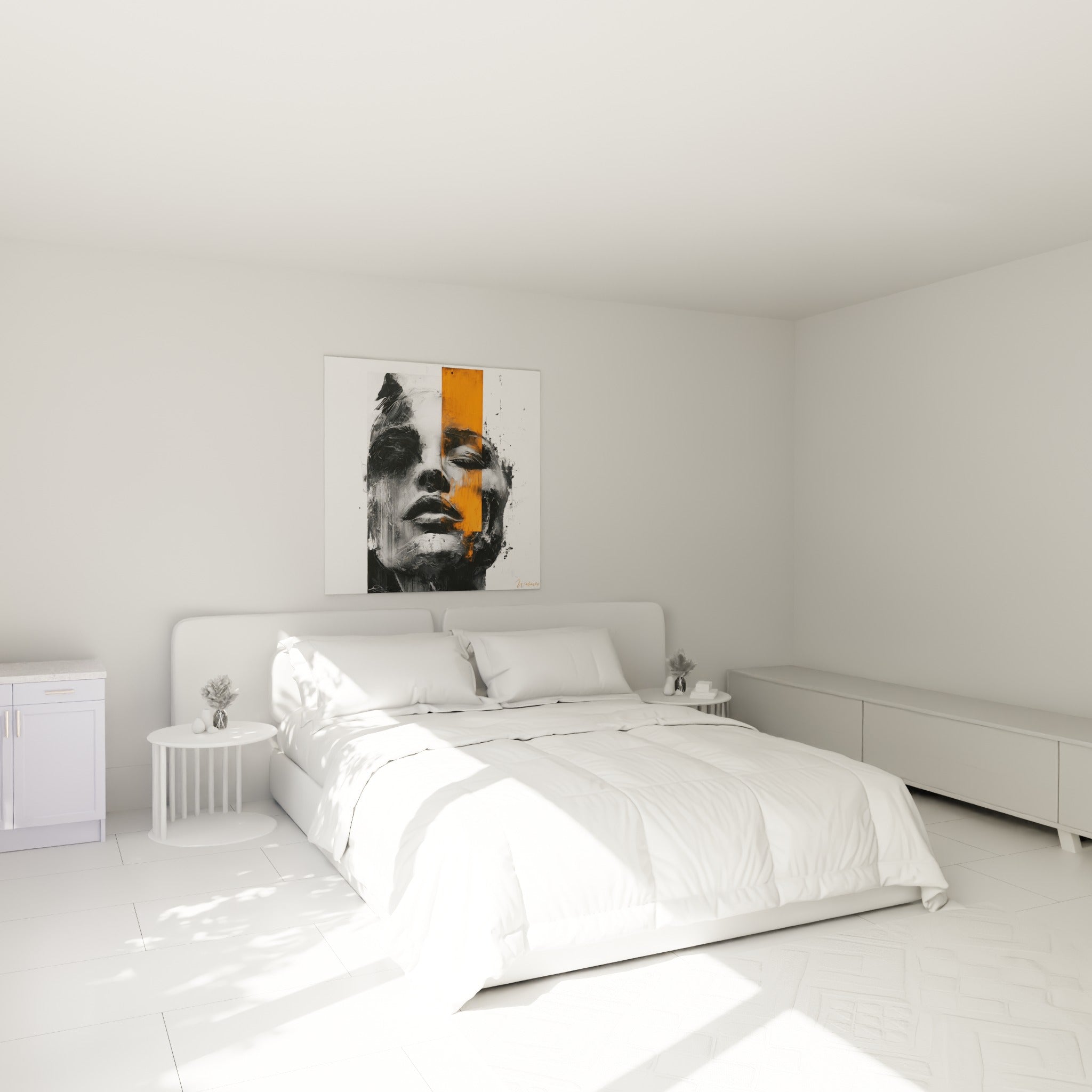 Portrait expressif anthracite et orange accroché au-dessus d'un lit dans une chambre claire