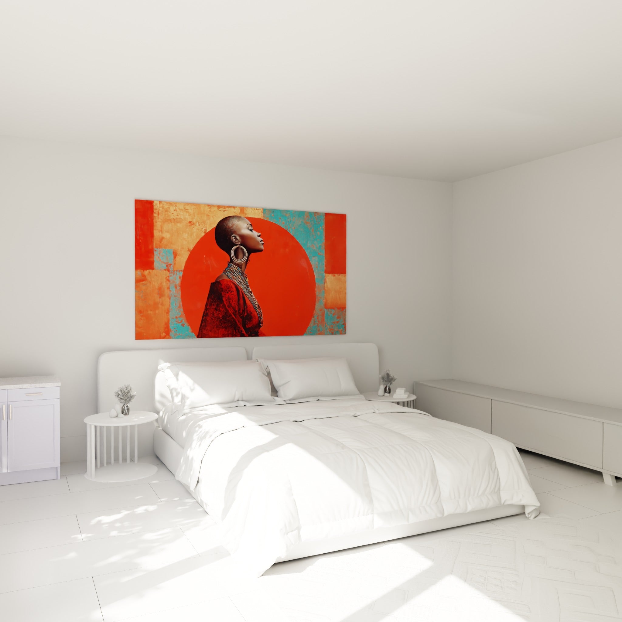 Portrait de femme africaine en profil, tons orange et turquoise, au-dessus d'un lit dans une chambre claire