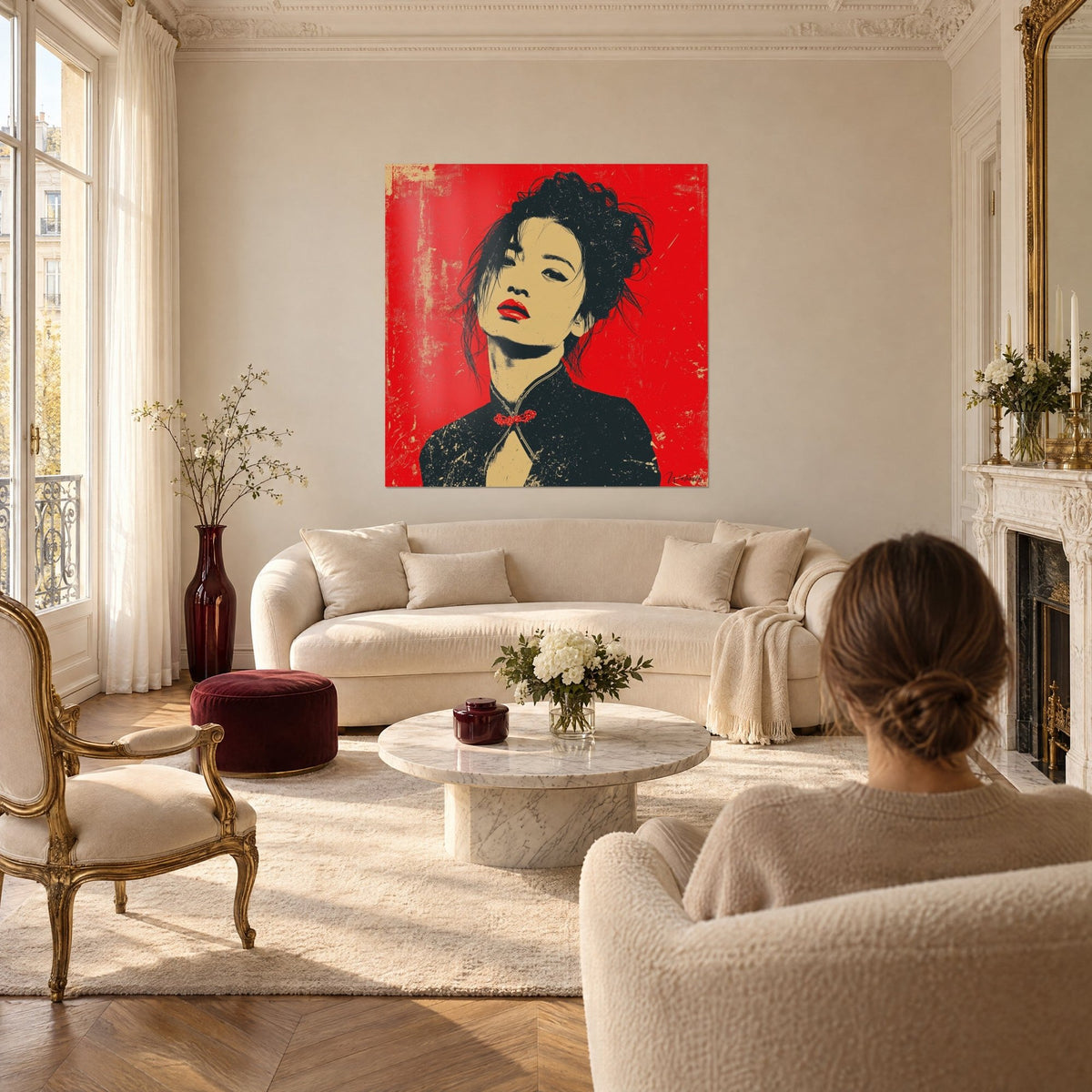Wall art female portrait in bright red and black screen print, sideways glance, buttoned mandarin collar, above a sofa in a bright living room