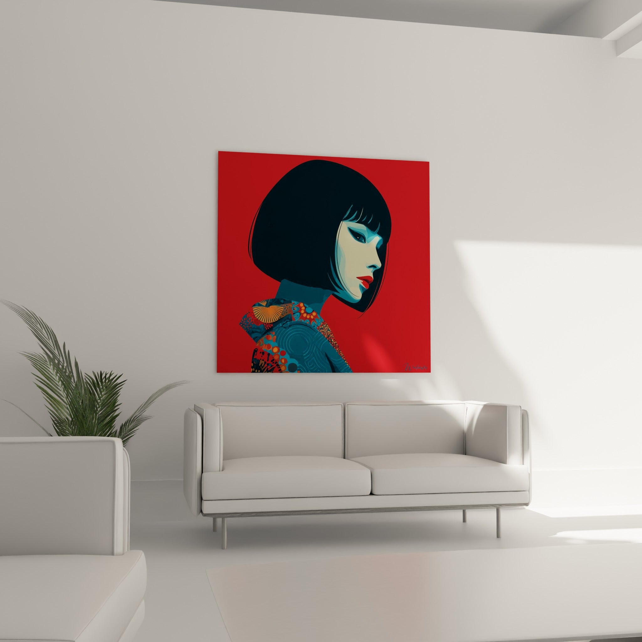 Visage pâle et chevelure anthracite se détachant sur fond écarlate, œuvre placée au-dessus d'un canapé dans un salon lumineux