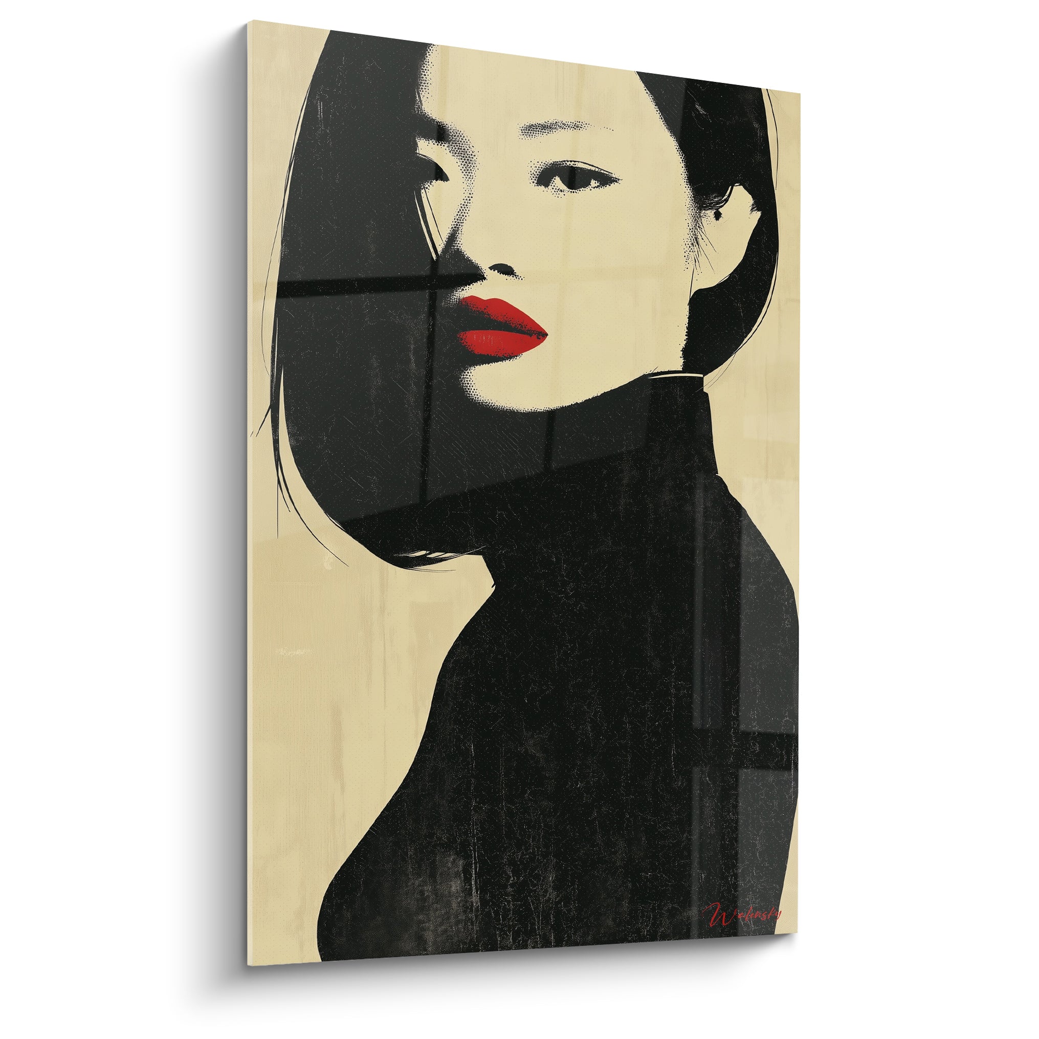 Femme au profil ivoire, lèvres rouges et chevelure noire, illustration de mode graphique et contrastée