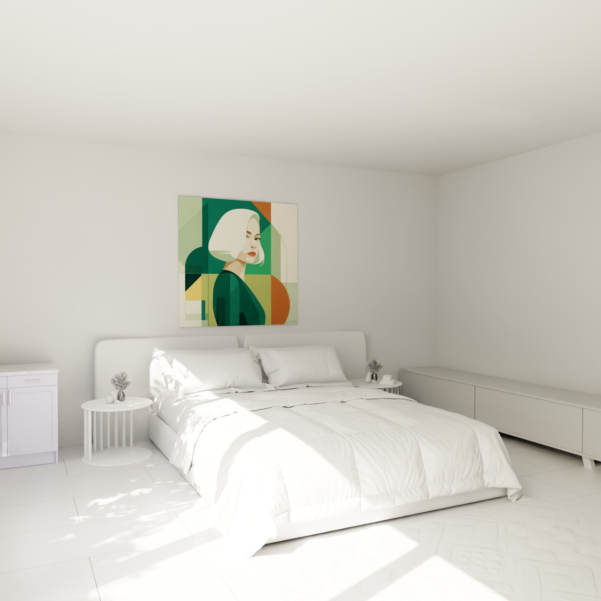 Femme au carré blanc sur fond vert émeraude accrochée au-dessus d'un lit dans une chambre claire.