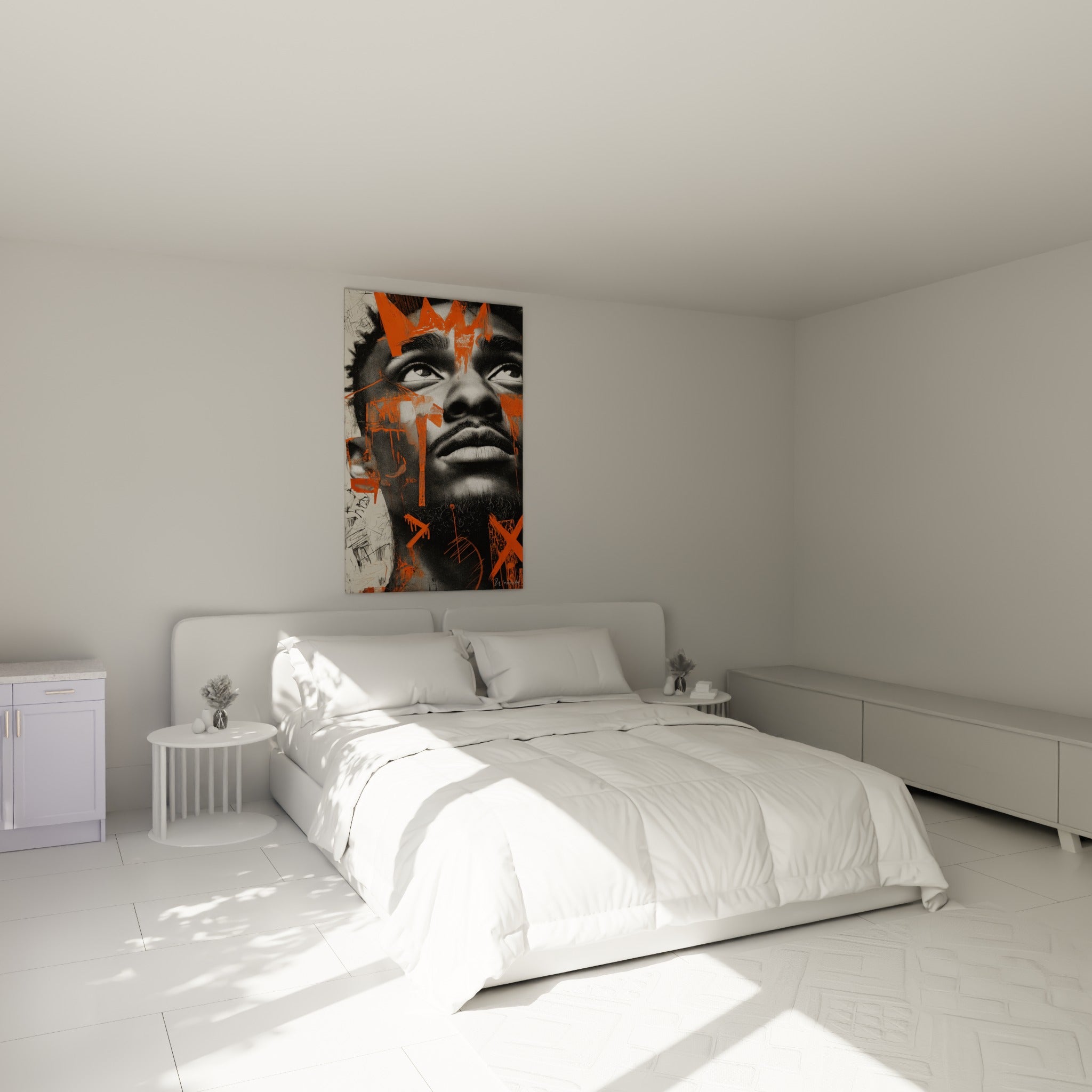 Portrait tramé noir et orange au regard levé, illustration de mode accrochée au-dessus d'un lit dans une chambre claire