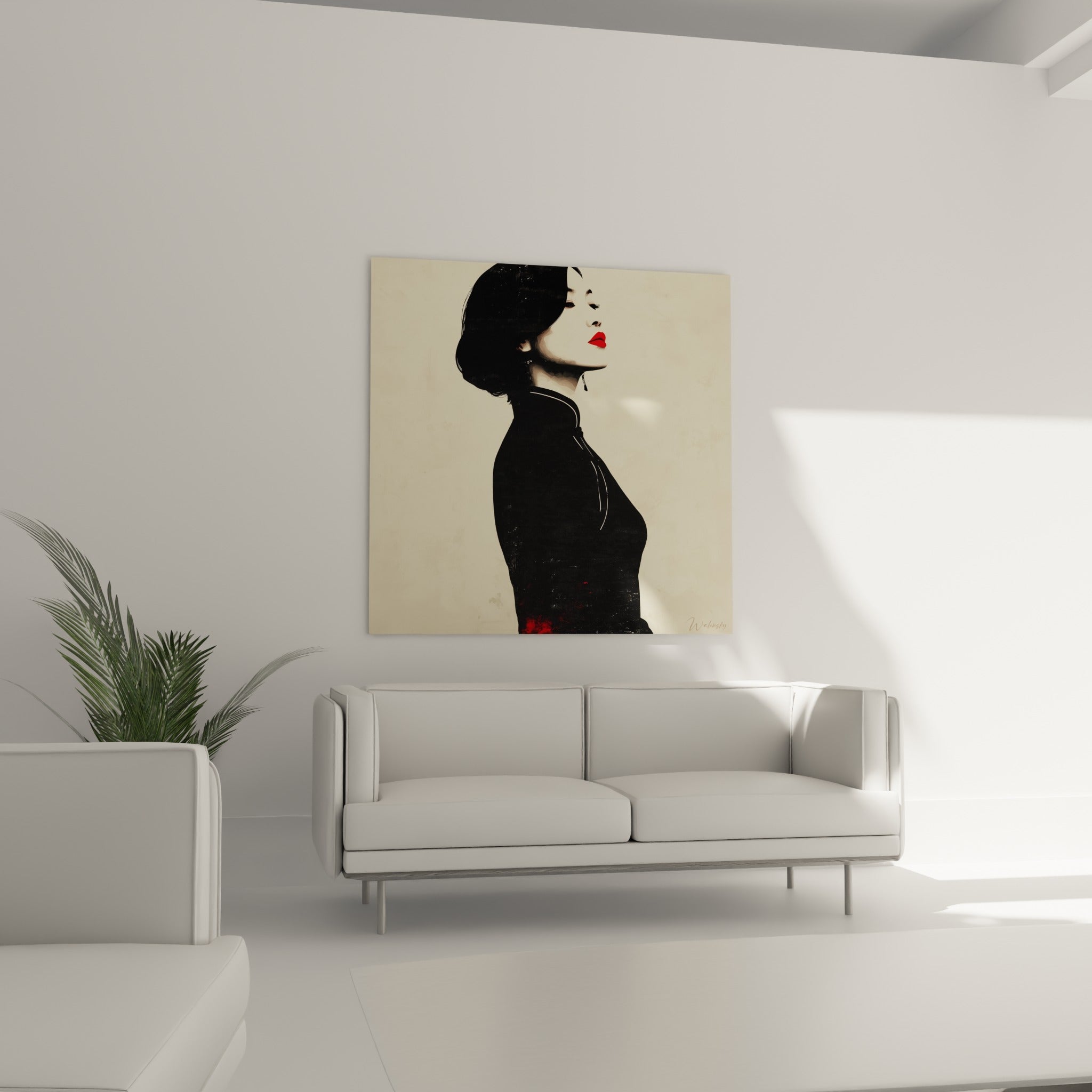 Portrait graphique ivoire et noir, illustration de mode au-dessus d'un canapé dans un salon lumineux