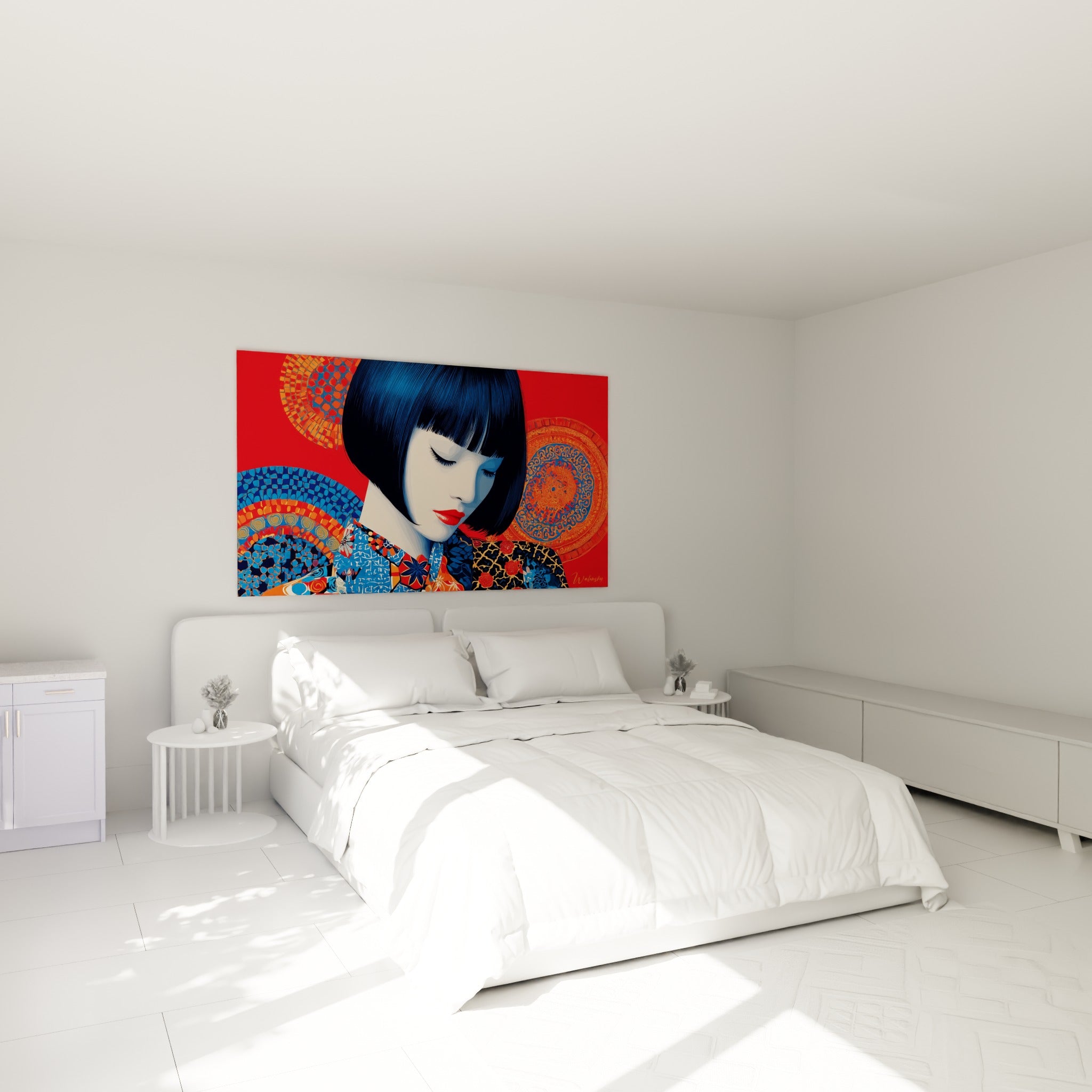 Portrait de femme aux yeux clos, kimono orné bleu et rouge, au-dessus d'un lit dans une chambre claire