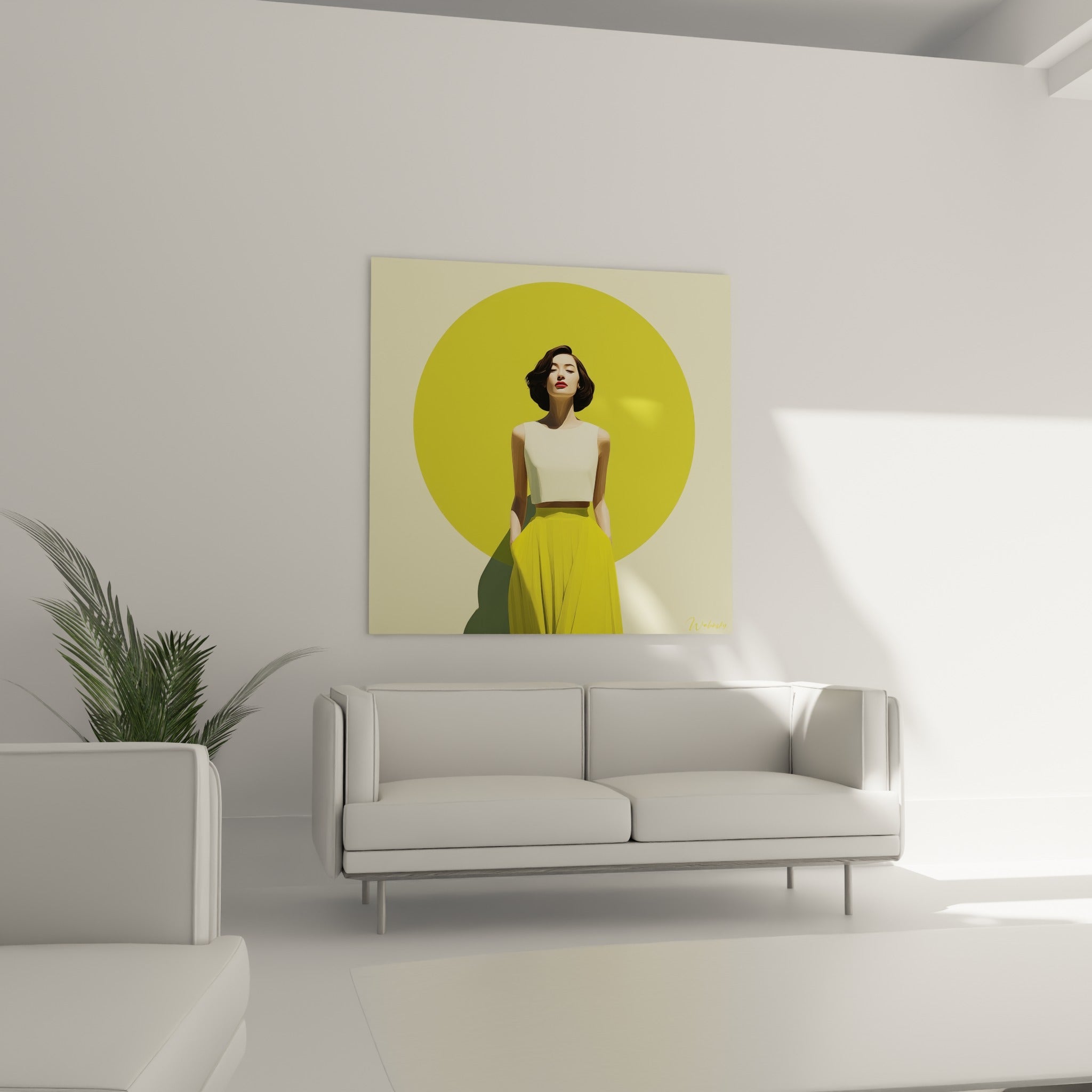 Portrait féminin haut ivoire et jupe jaune devant un cercle vert olive, au-dessus d'un canapé dans un salon lumineux