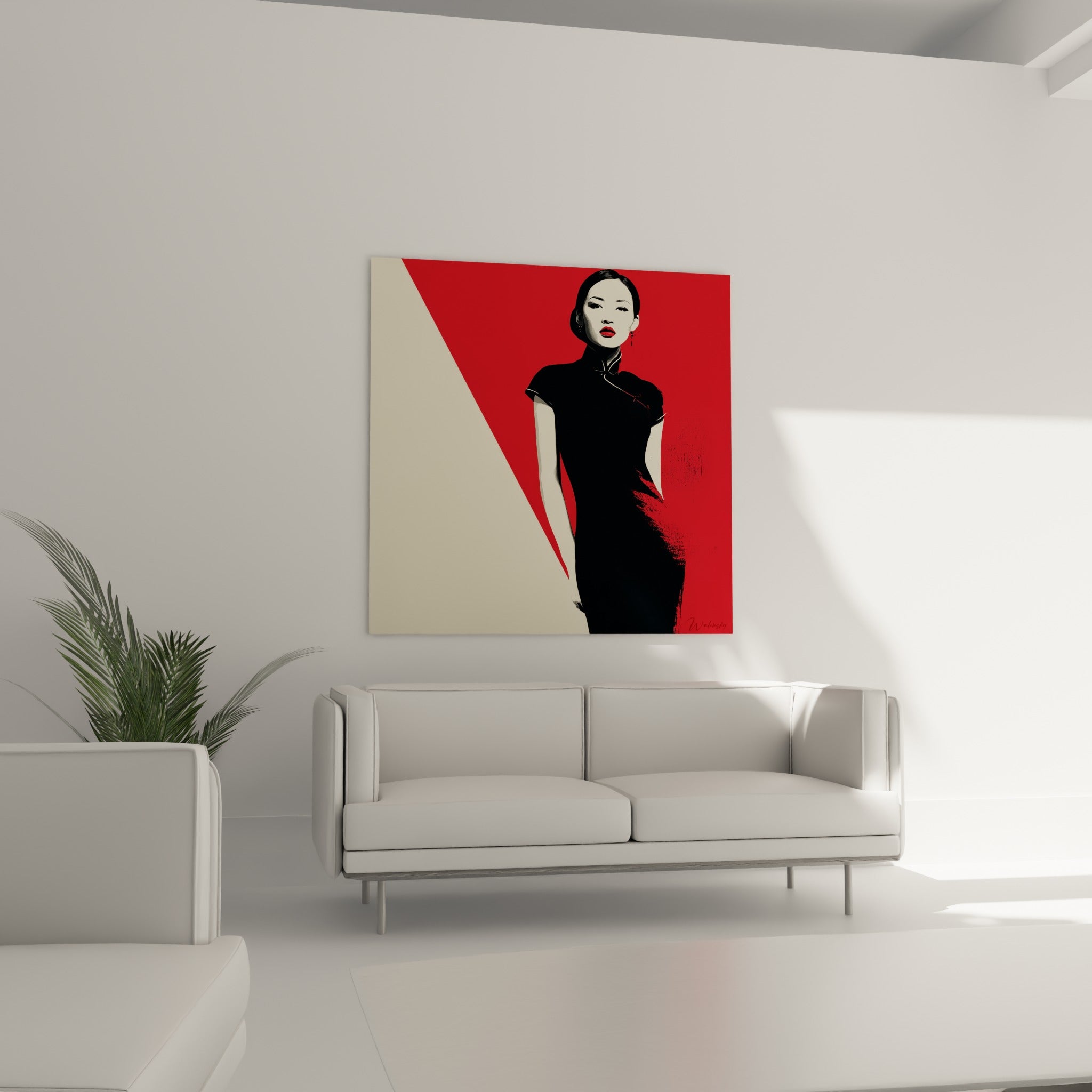 Portrait graphique d'une femme en robe noire cintrée au-dessus d'un canapé dans un salon lumineux