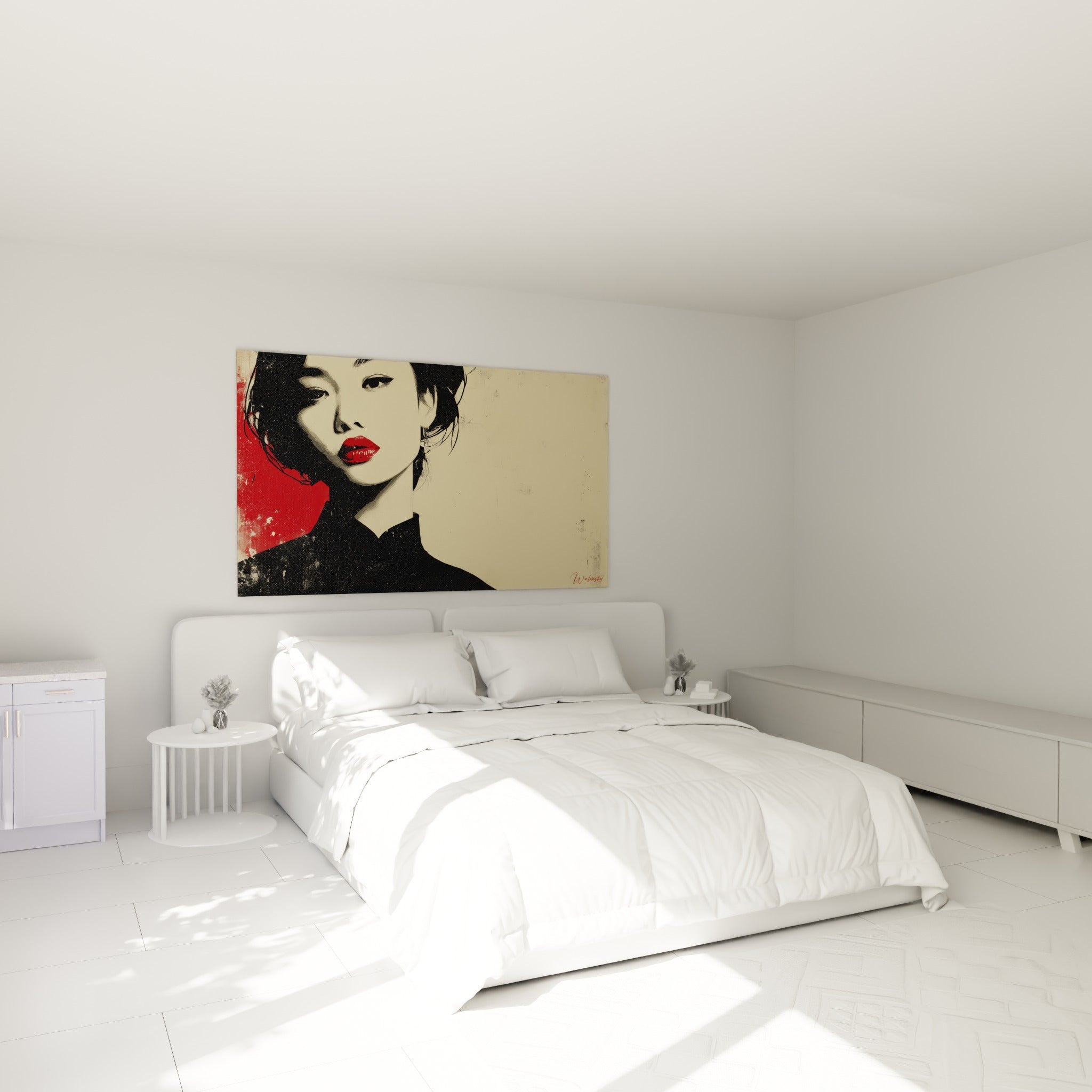 Portrait rouge et noir saisissant au-dessus d'un lit dans une chambre claire et épurée