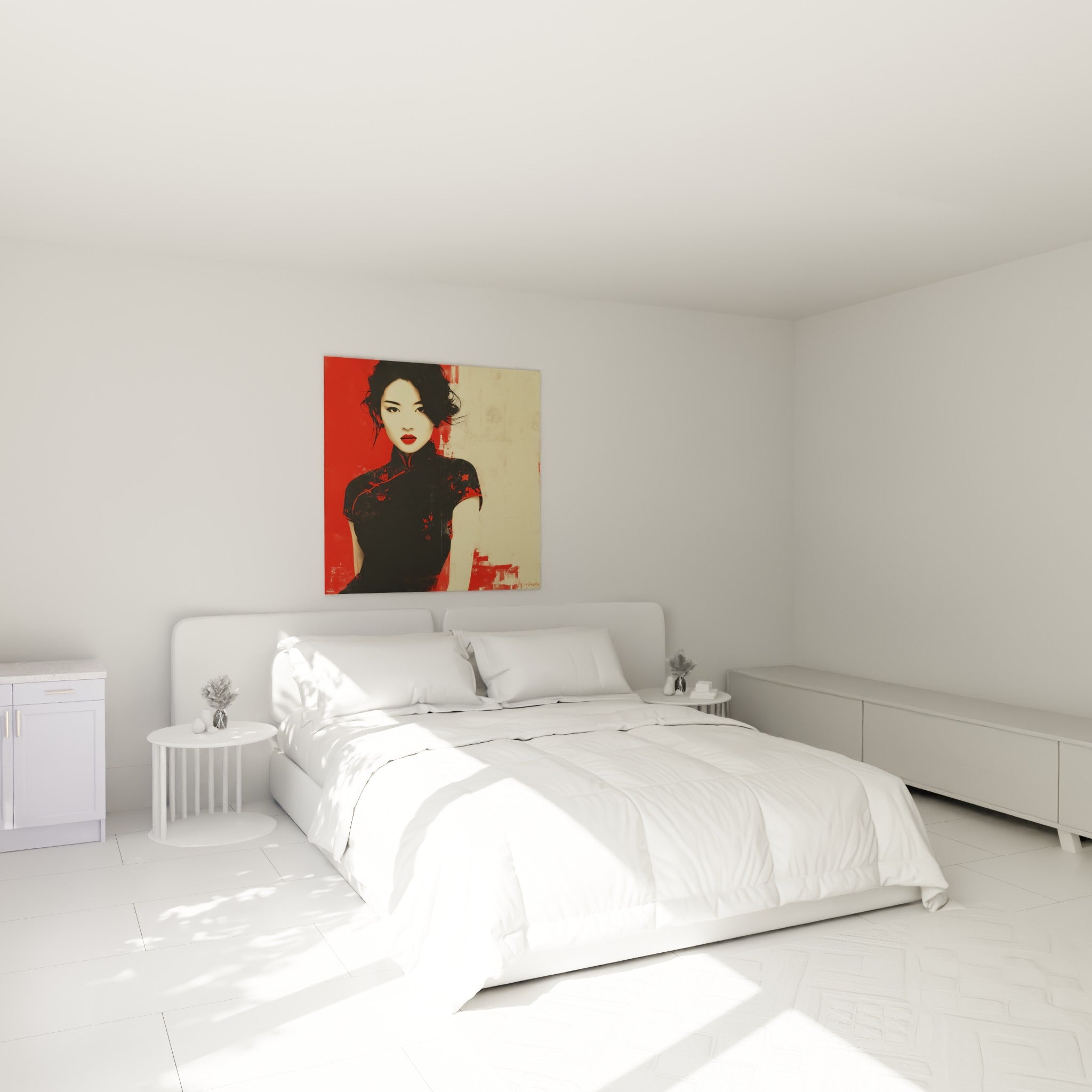 Portrait graphique aux tons rouge et sable, chevelure noire ébouriffée, au-dessus d'un lit dans une chambre claire