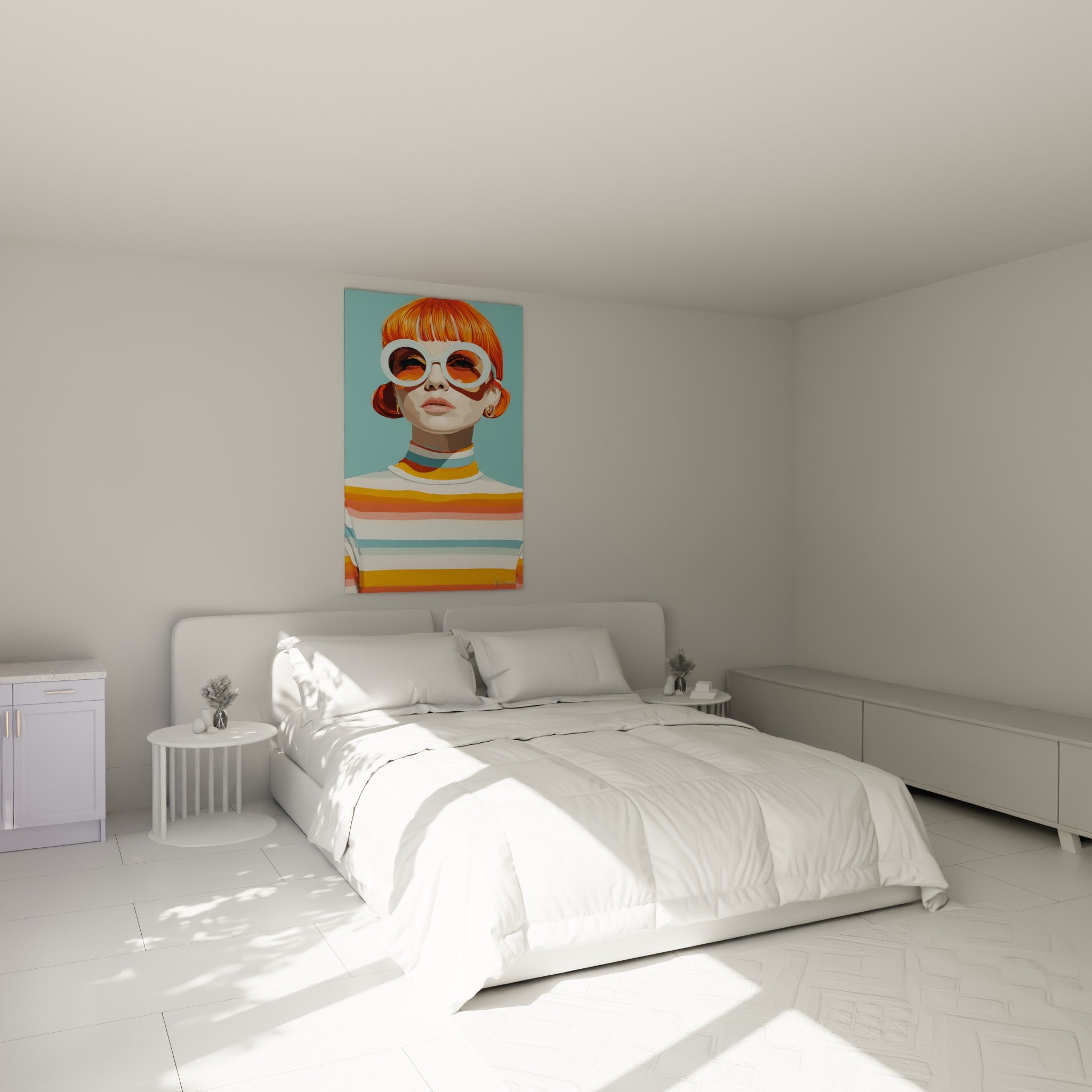 Femme rousse illustration de mode aux teintes orange et bleu, accrochée au-dessus d'un lit dans une chambre claire