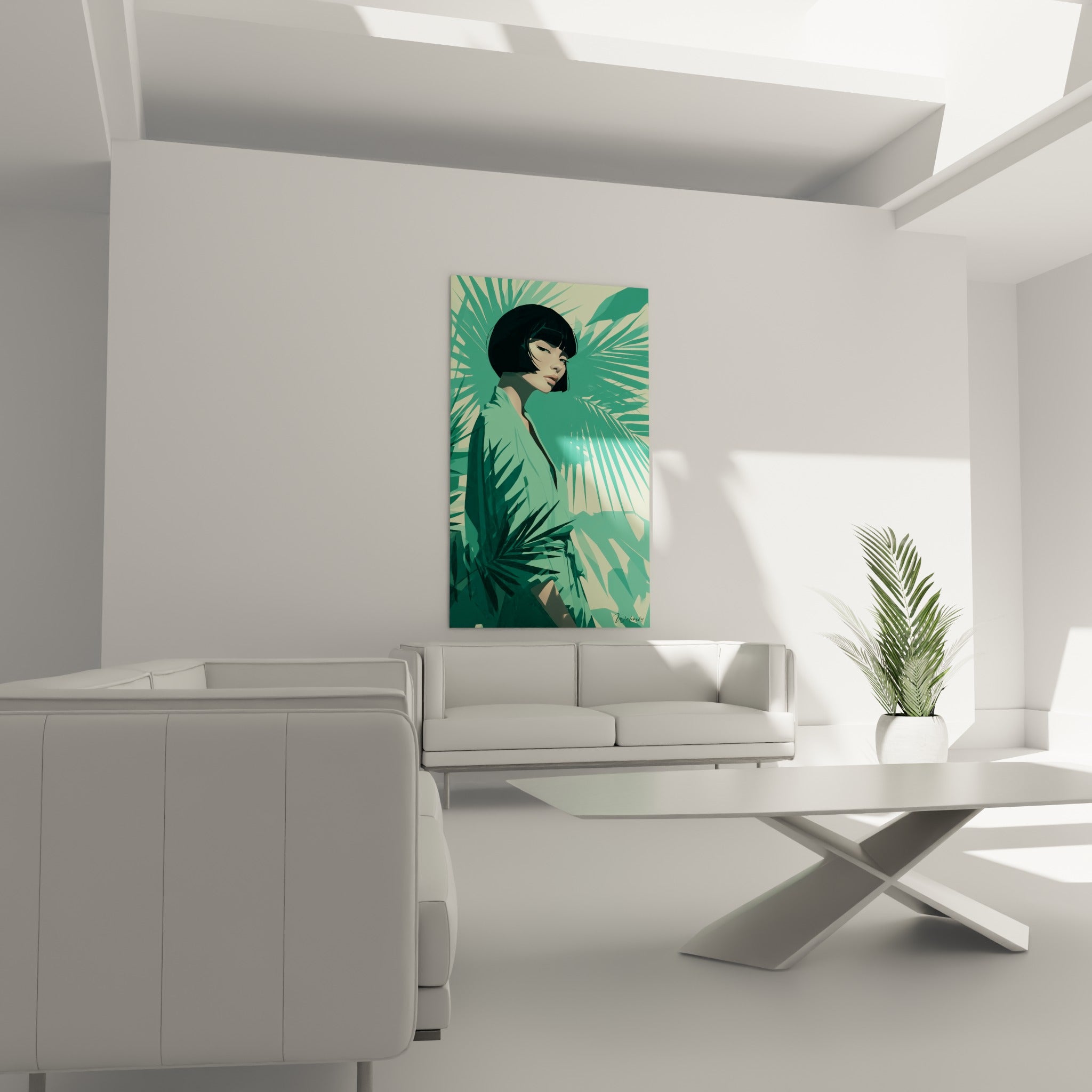 Silhouette féminine entourée de feuillage émeraude, illustration de mode au-dessus d'un canapé dans un salon lumineux