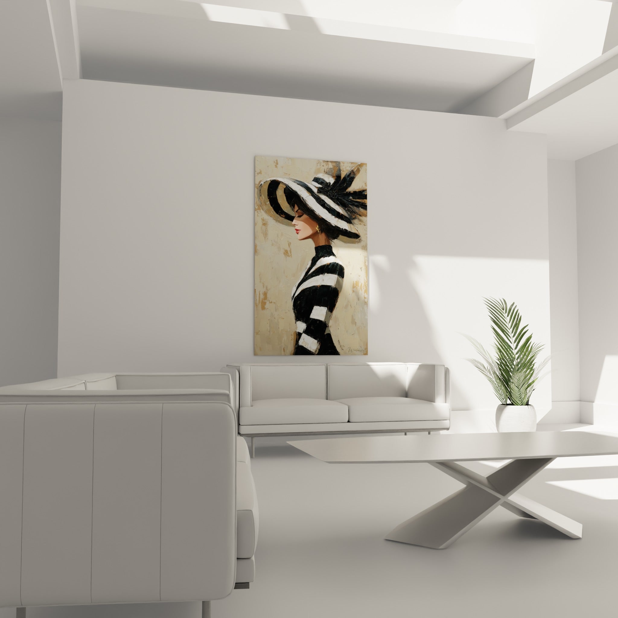 Portrait stylisé aux rayures noires accroché au-dessus d'un canapé dans un salon lumineux