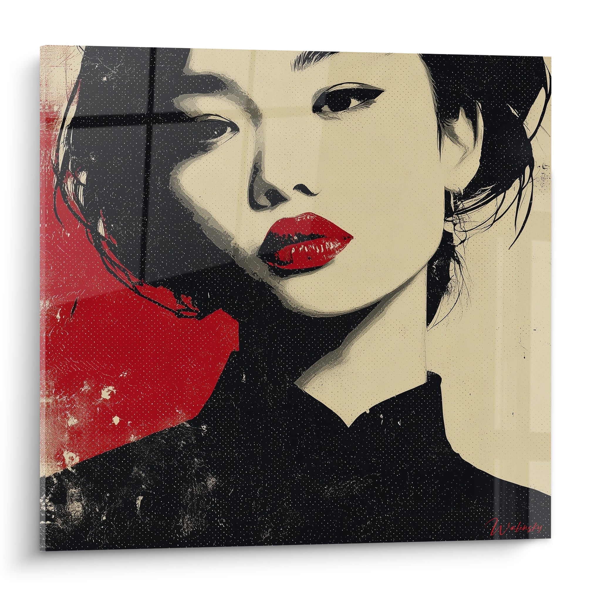 Portrait féminin aux lèvres rouges et fond ivoire, style sérigraphie noir et rouge intense