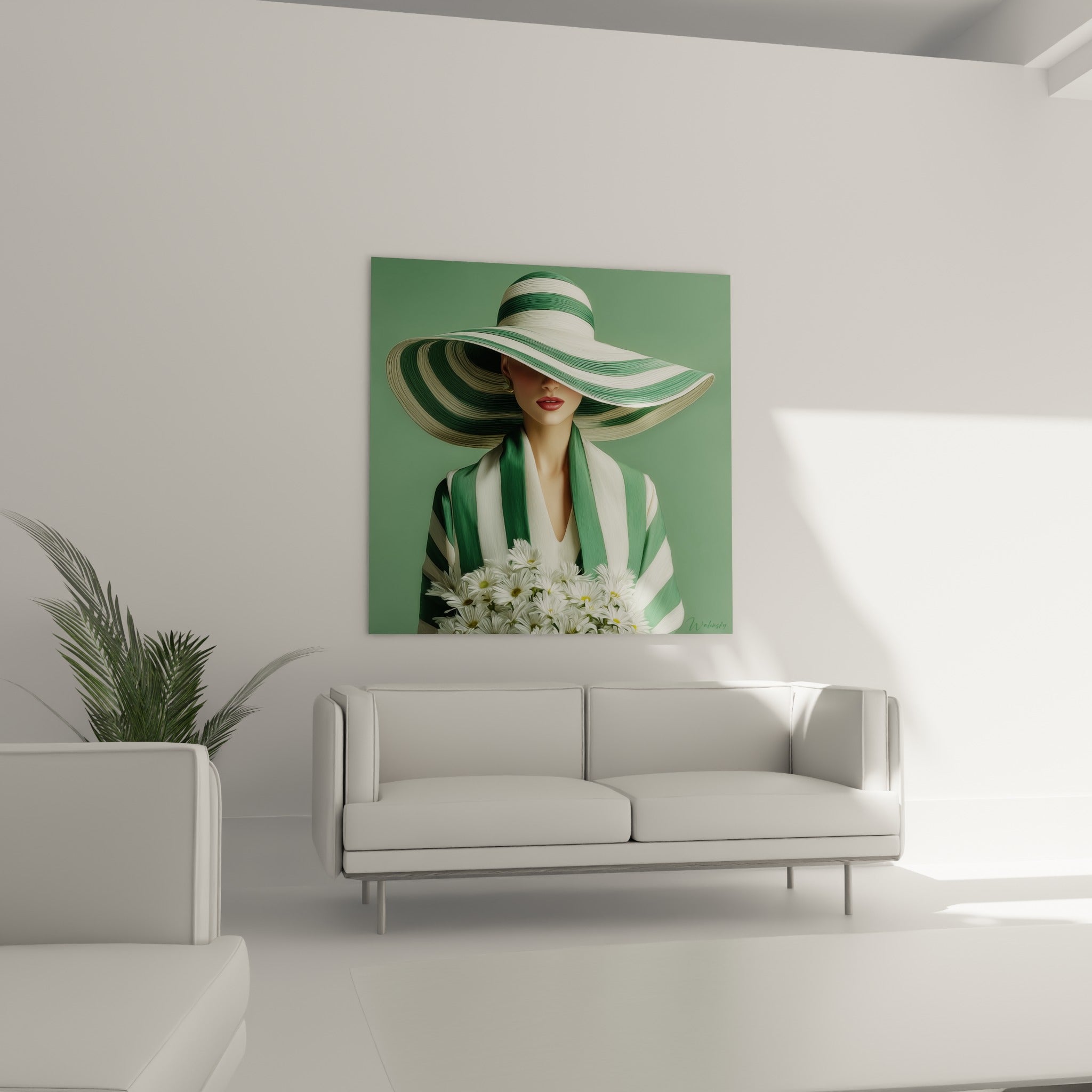 Portrait au large chapeau vert et blanc, marguerites blanches, suspendu au-dessus d'un canapé dans un salon lumineux