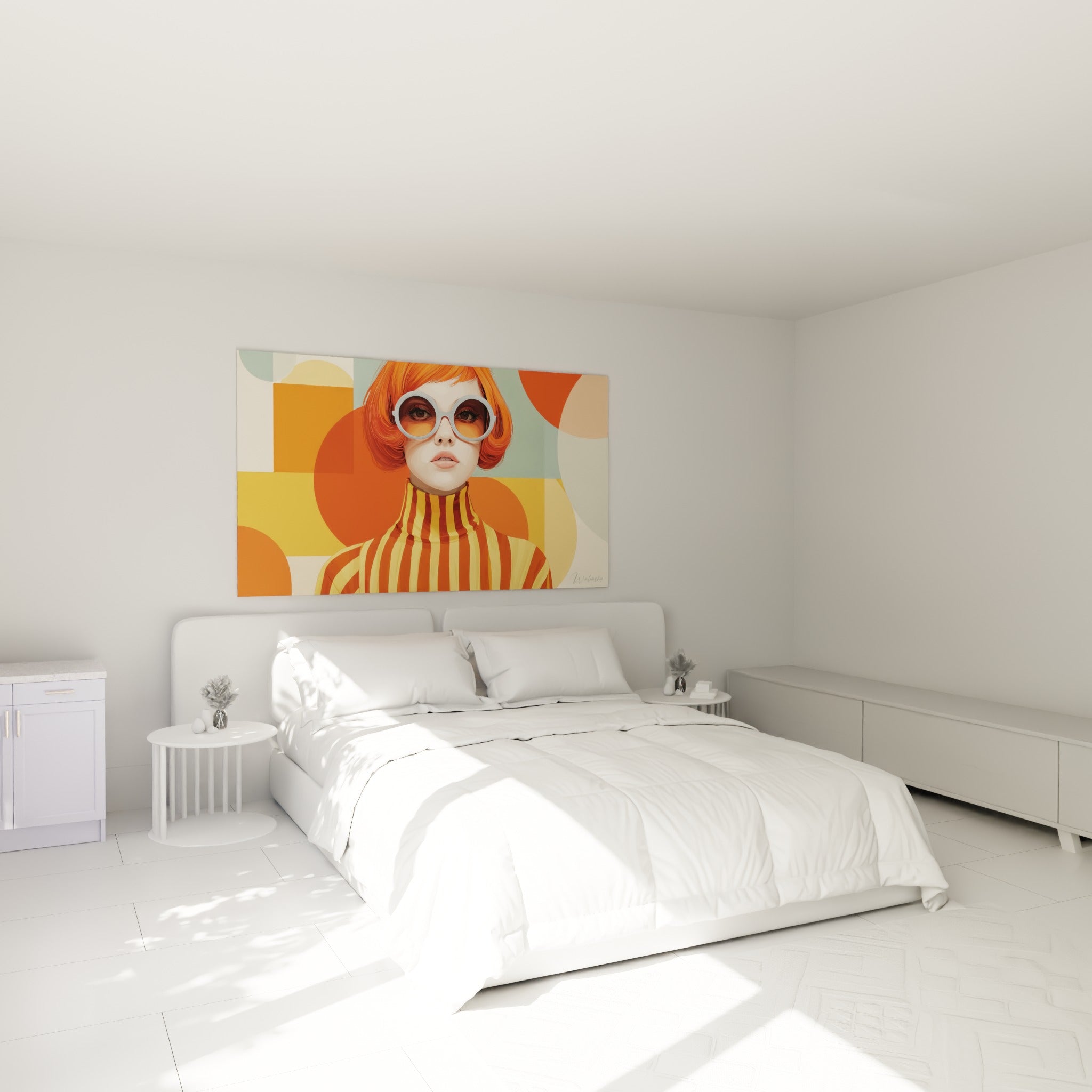 Portrait roux aux lunettes rondes et rayures terracotta, accroché au-dessus d'un lit dans une chambre claire