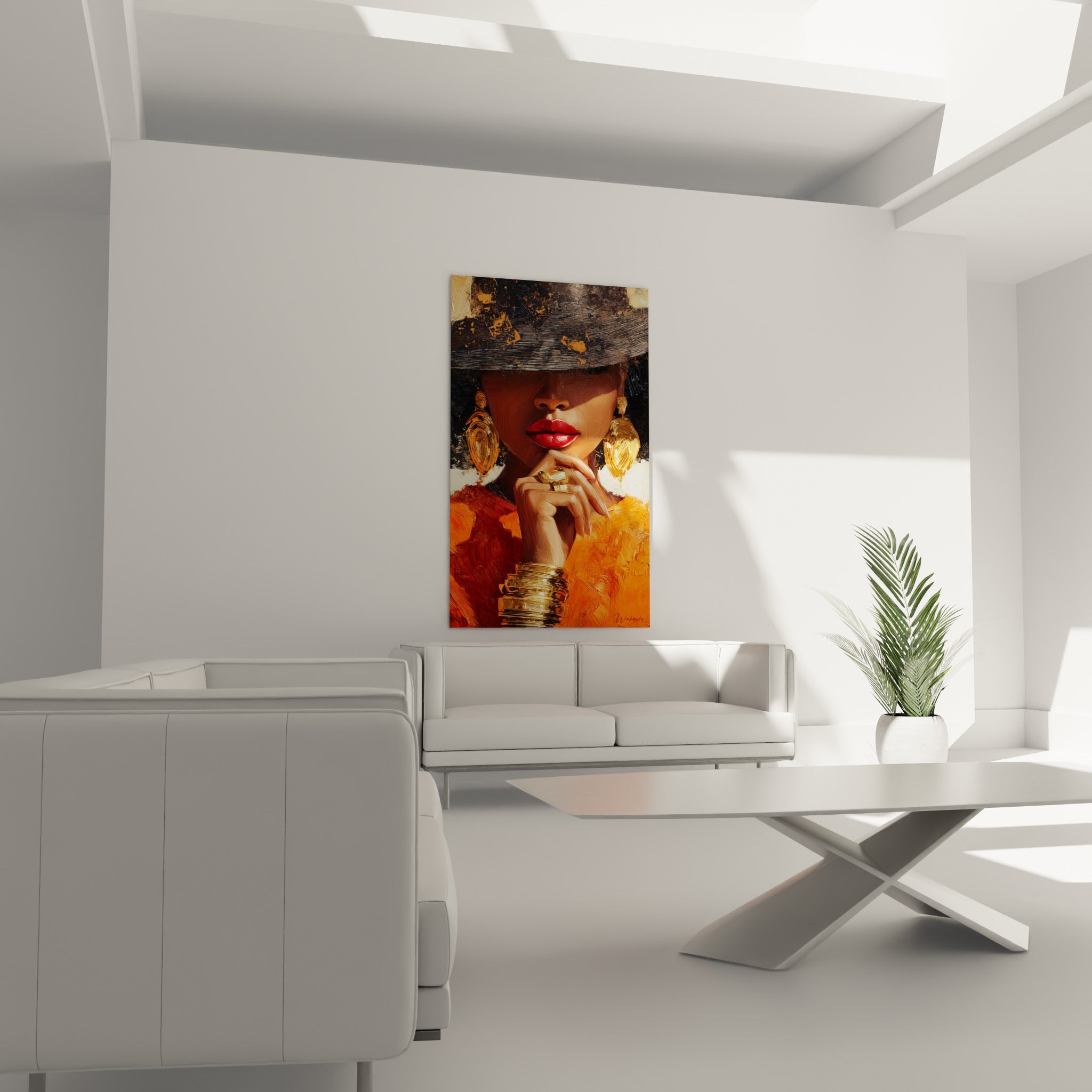 Silhouette orangée et bijoux dorés, illustration de mode au-dessus d'un canapé dans un salon lumineux