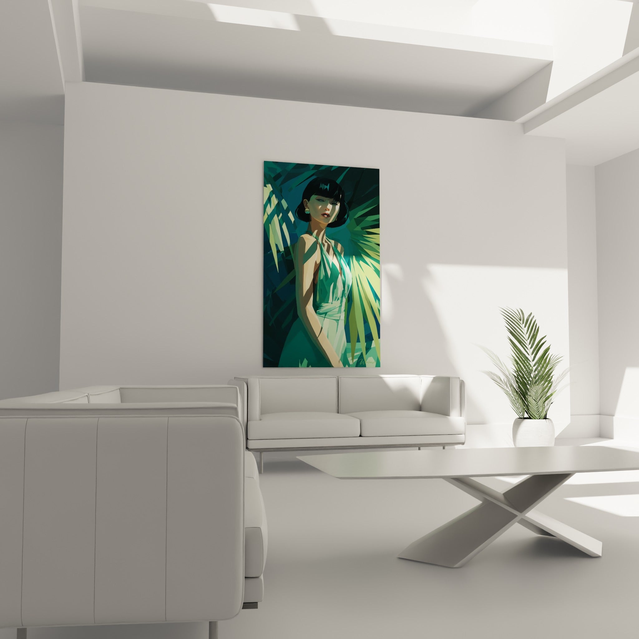 Portrait stylisé aux tons turquoise et vert amande entouré de palmes, au-dessus d'un canapé dans un salon lumineux