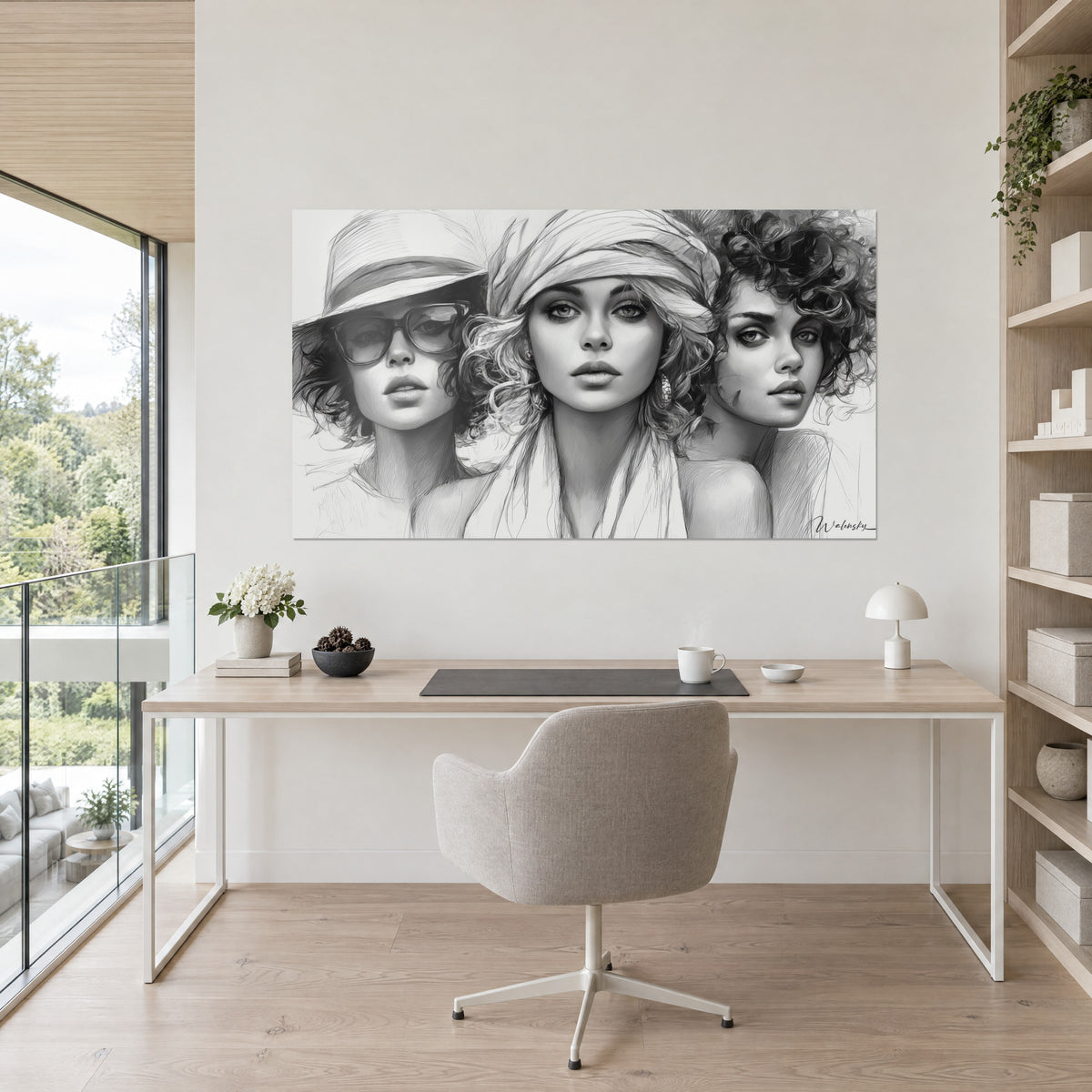 Cuadro boceto de tres musas, gafas redondas, turbante claro y cabello rizado, gris y blanco, frente a un escritorio de madera clara