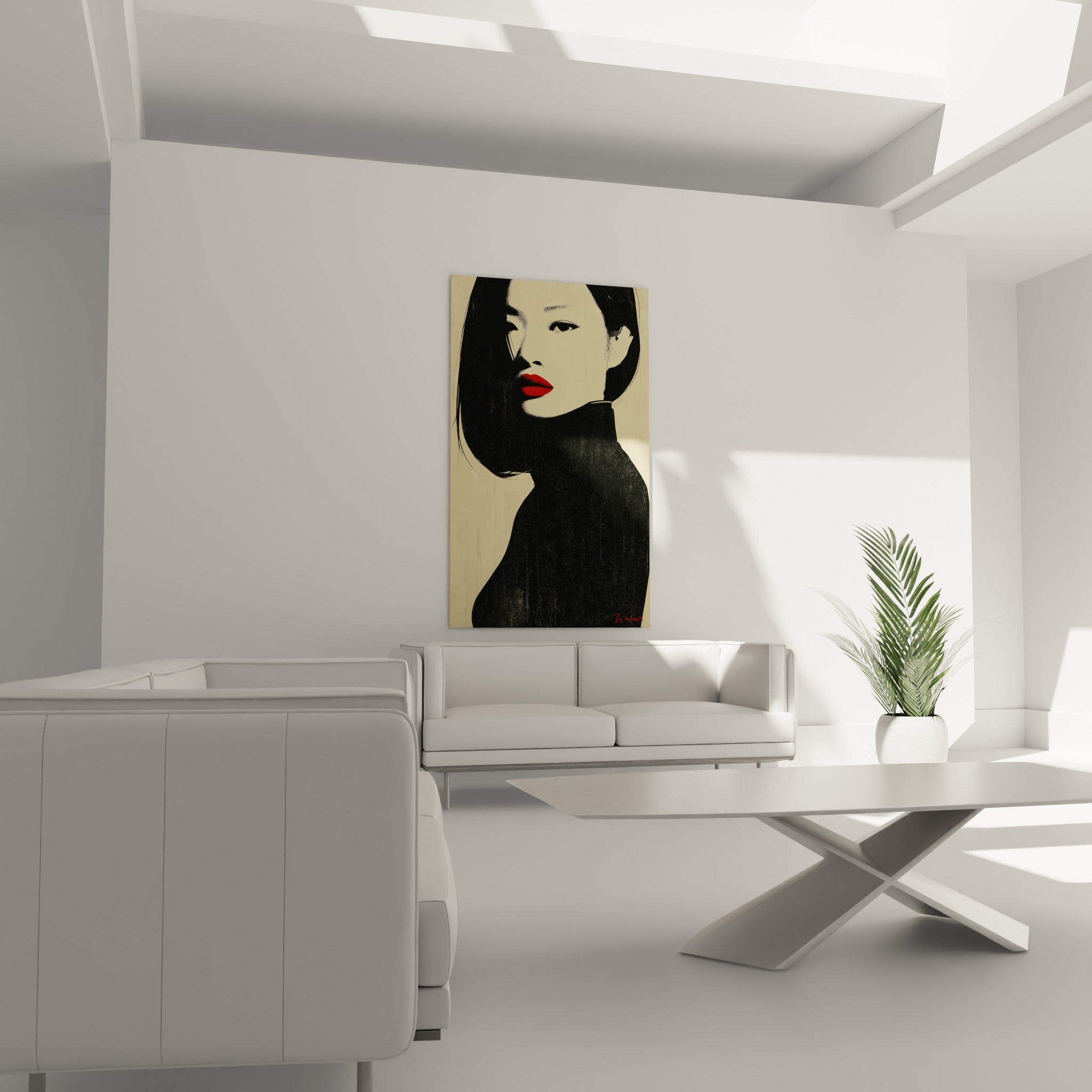 Visage stylisé rouge et noir sur fond ivoire, illustration de mode au-dessus d'un canapé dans un salon lumineux