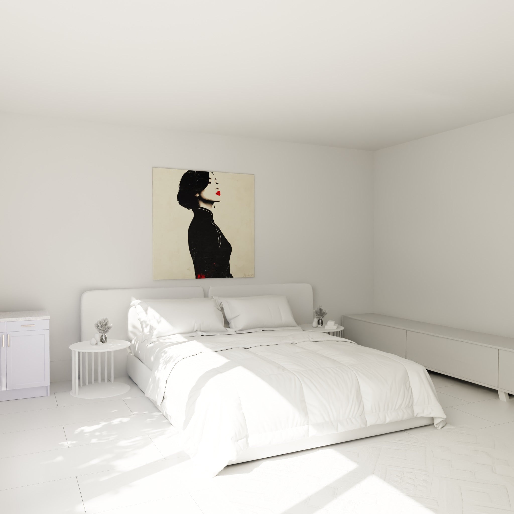 Silhouette noire au col officier et lèvres rouges, illustration de mode au-dessus d'un lit dans une chambre claire
