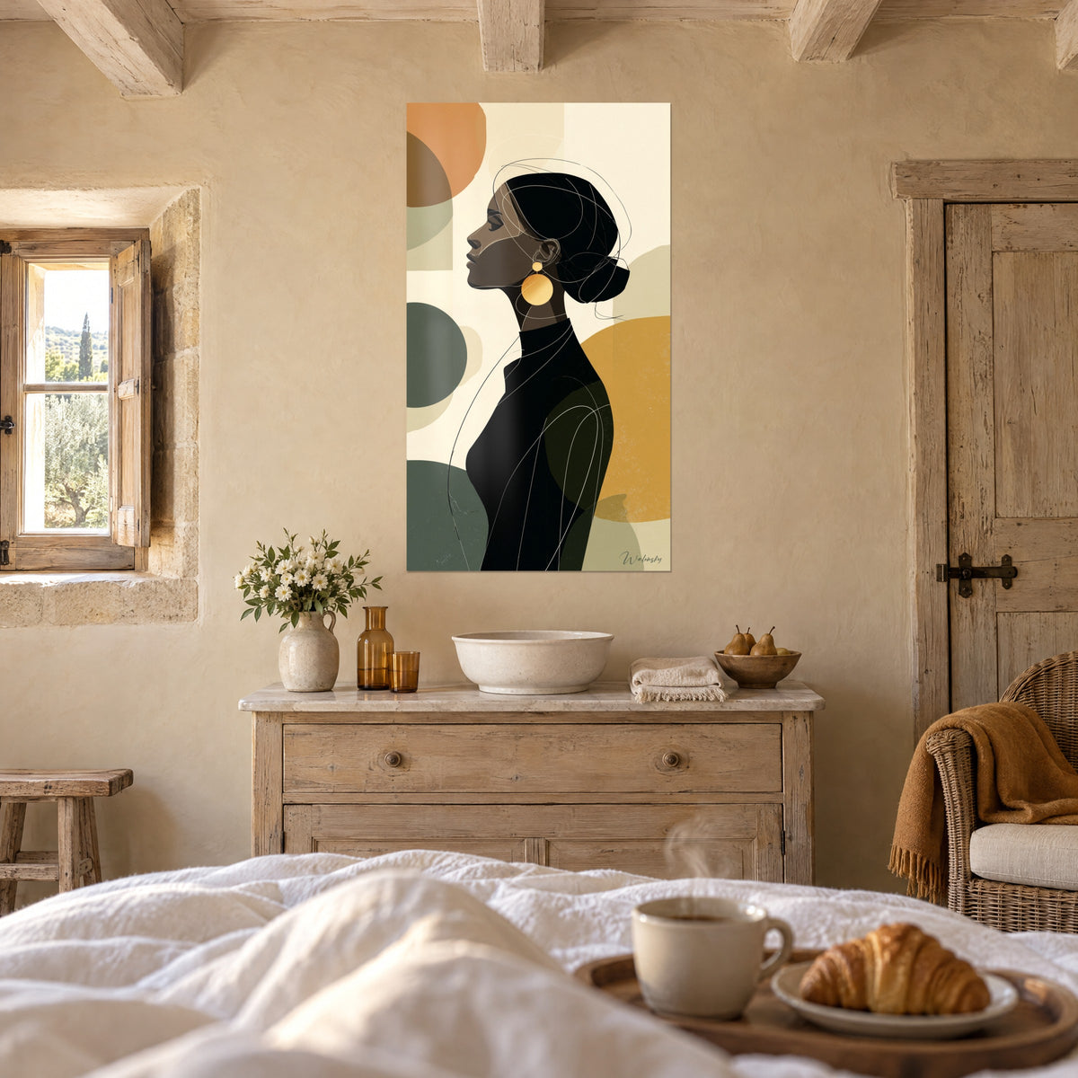 Cuadro ilustración de moda, rostro de perfil y cuello alto negro, círculos ocre y caqui, encima de una cama en un dormitorio luminoso