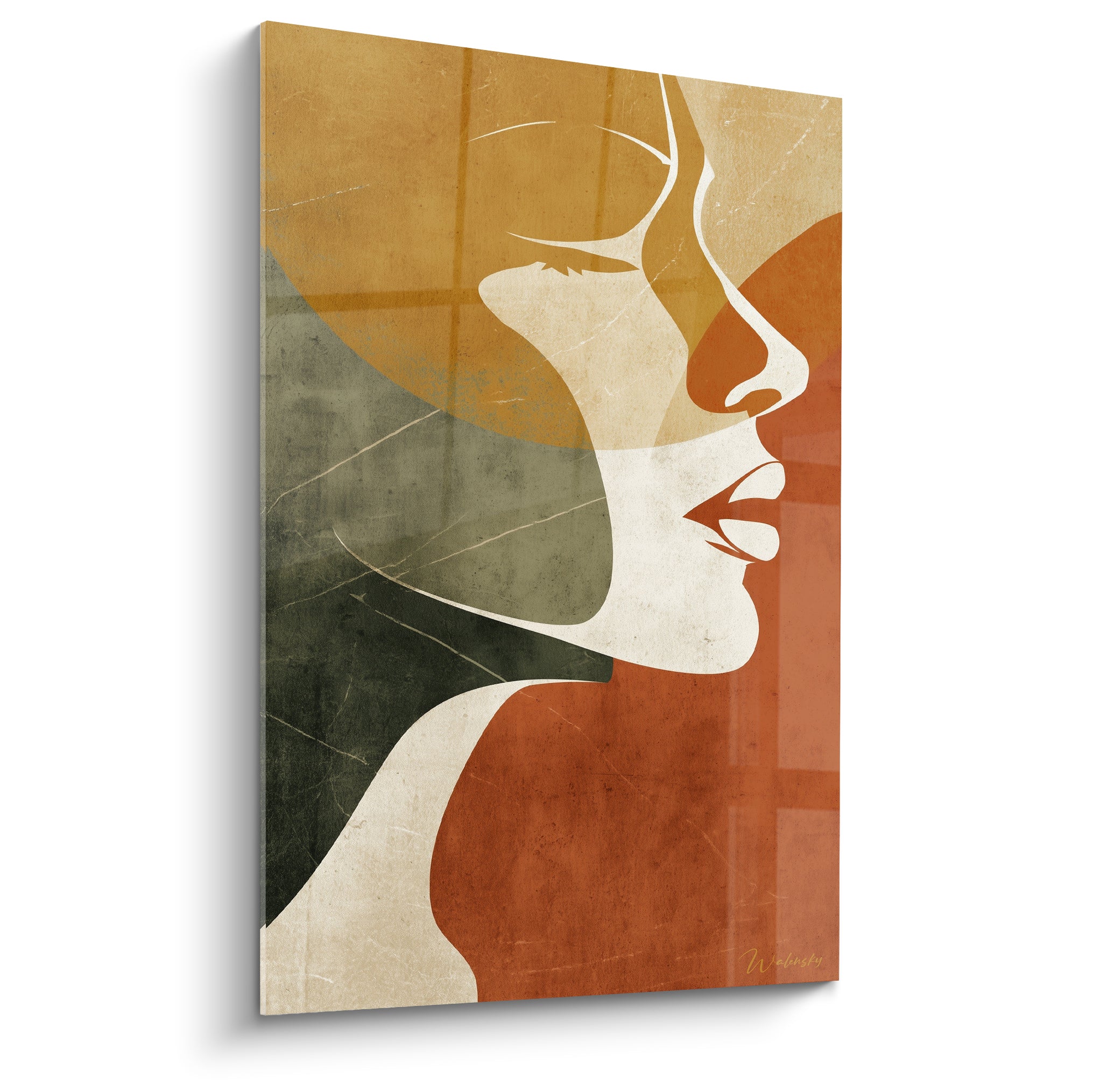 Profil féminin dessiné en négatif sur fond ocre doré et terracotta, technique graphique épurée aux teintes patinées