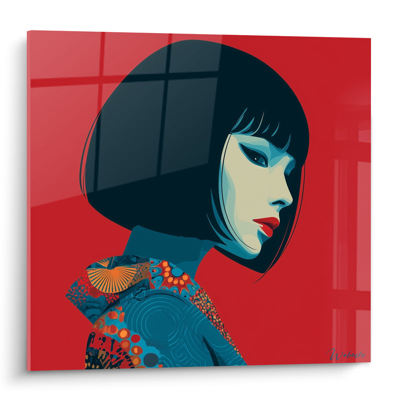 Tableau Femme au carré noir sur fond rouge - Songe silencieux - Edition Illustration de mode