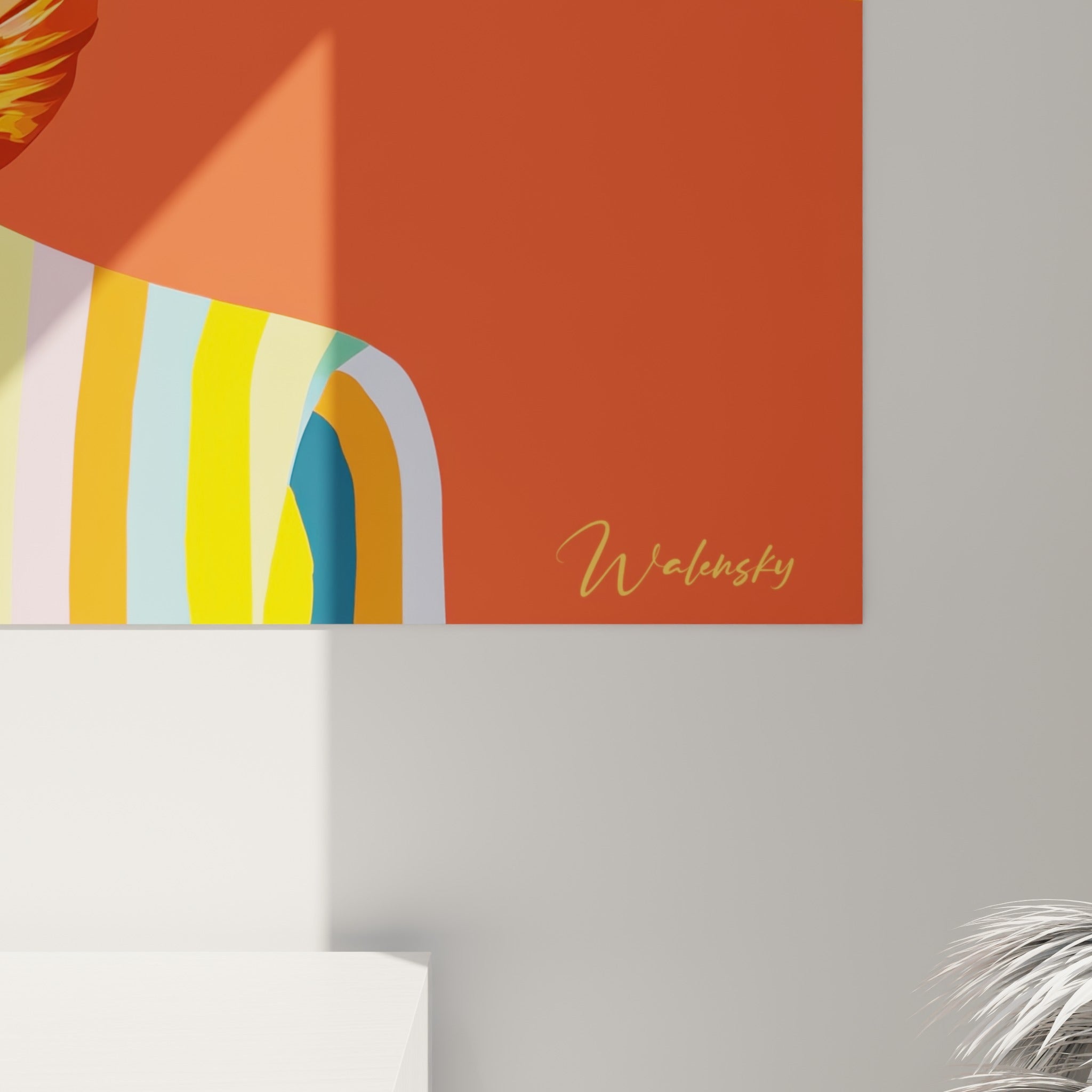 Rayures jaunes, rouges et bleu pastel du pull texturé, grain de l'impression visible sur cette illustration de mode