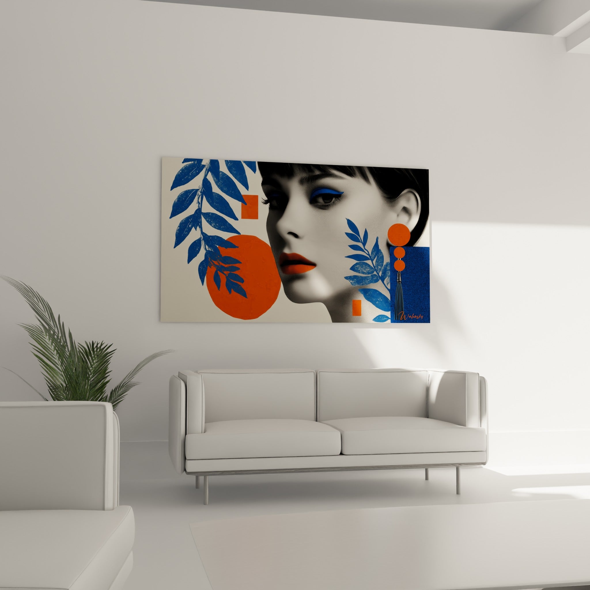 Femme au regard bleu électrique entourée de feuillages marine et cercles orange, au-dessus d'un canapé dans un salon lumineux