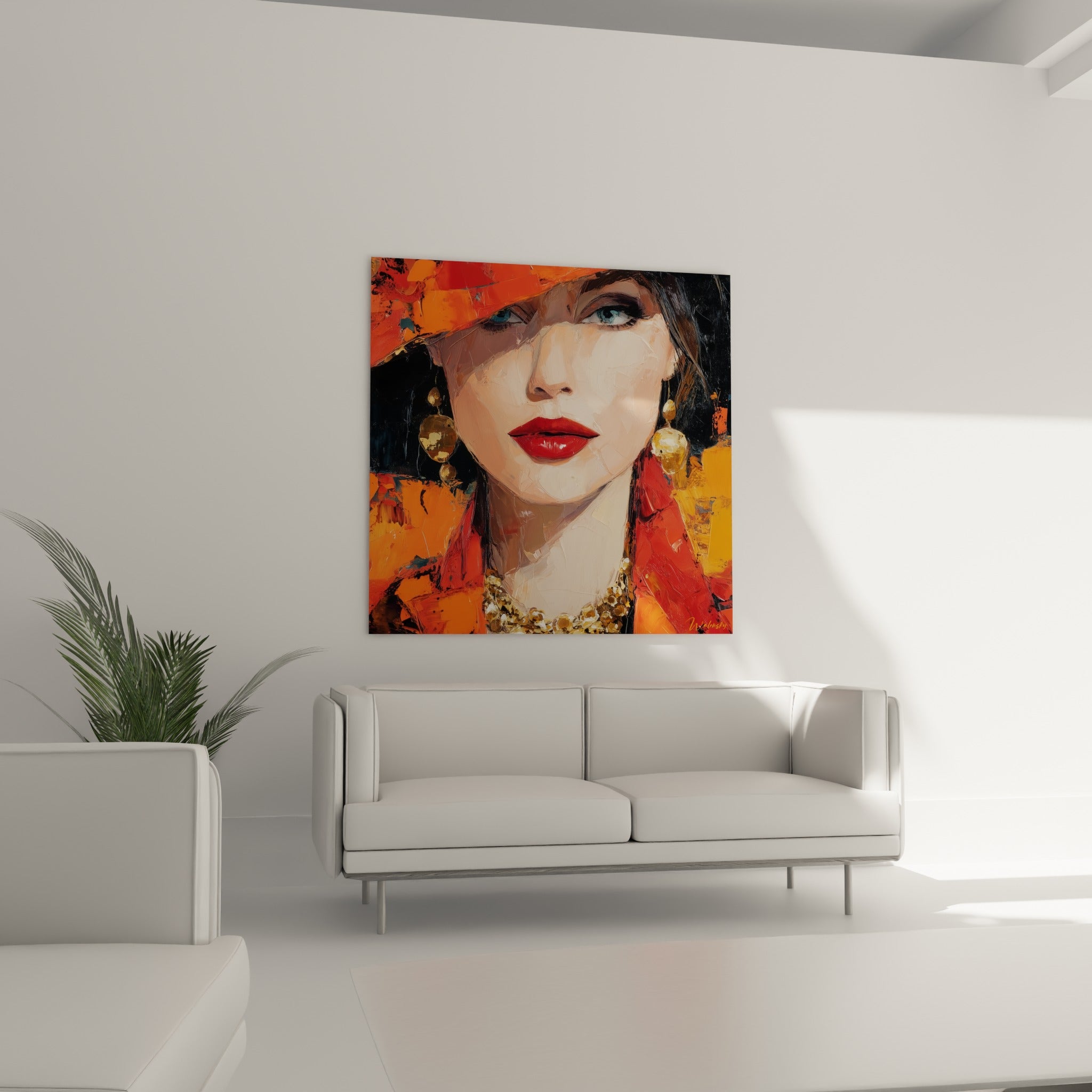 Femme au regard bleu perçant, chapeau orange et bijoux dorés, au-dessus d'un canapé dans un salon lumineux