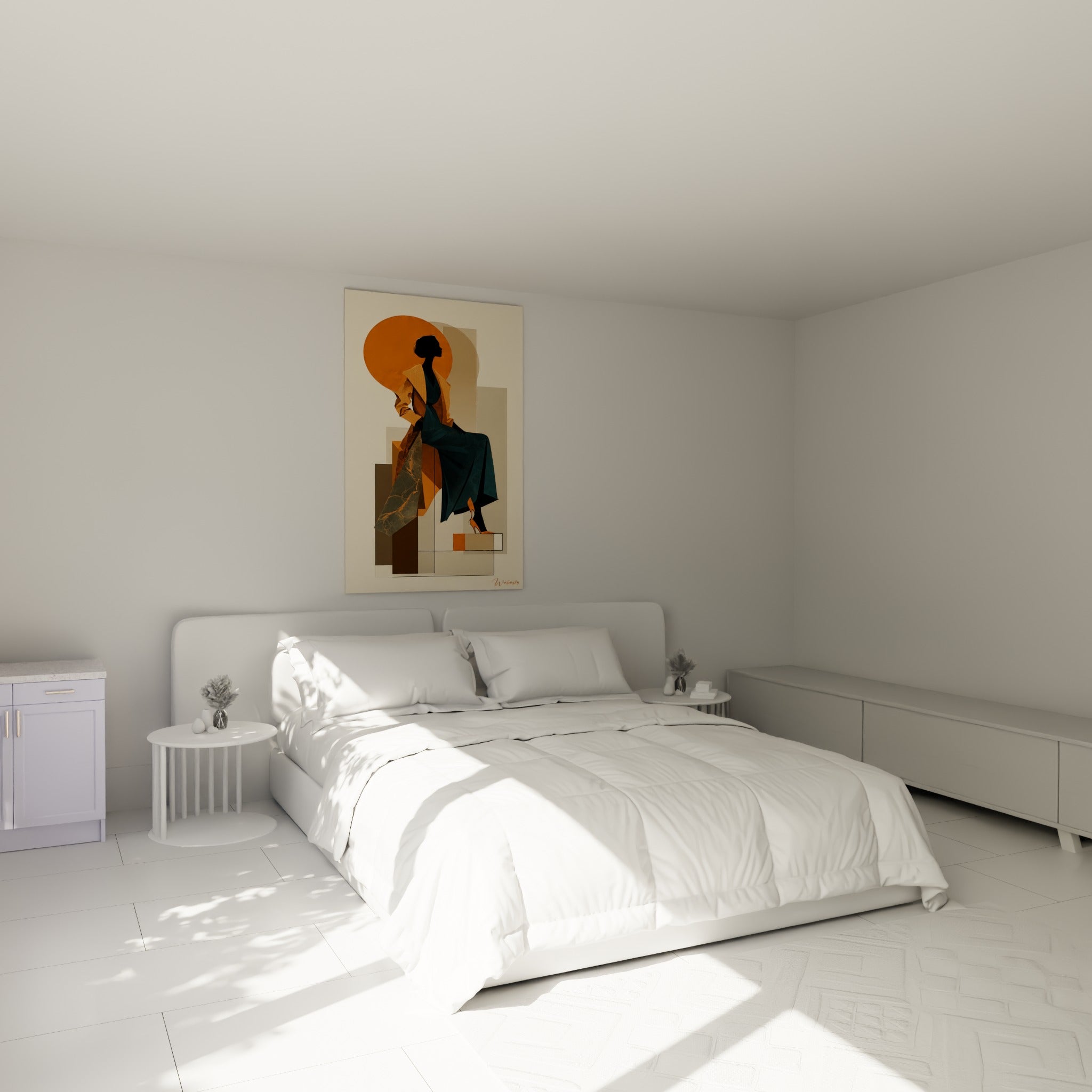 Femme stylisée à la robe verte et veste beige illustration de mode, au-dessus d'un lit dans une chambre claire