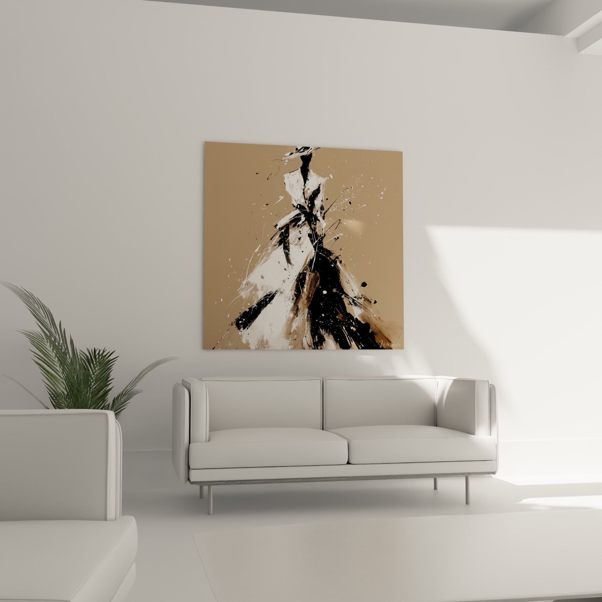 Élégante silhouette drapée en noir et blanc placée au-dessus d'un canapé dans un salon lumineux