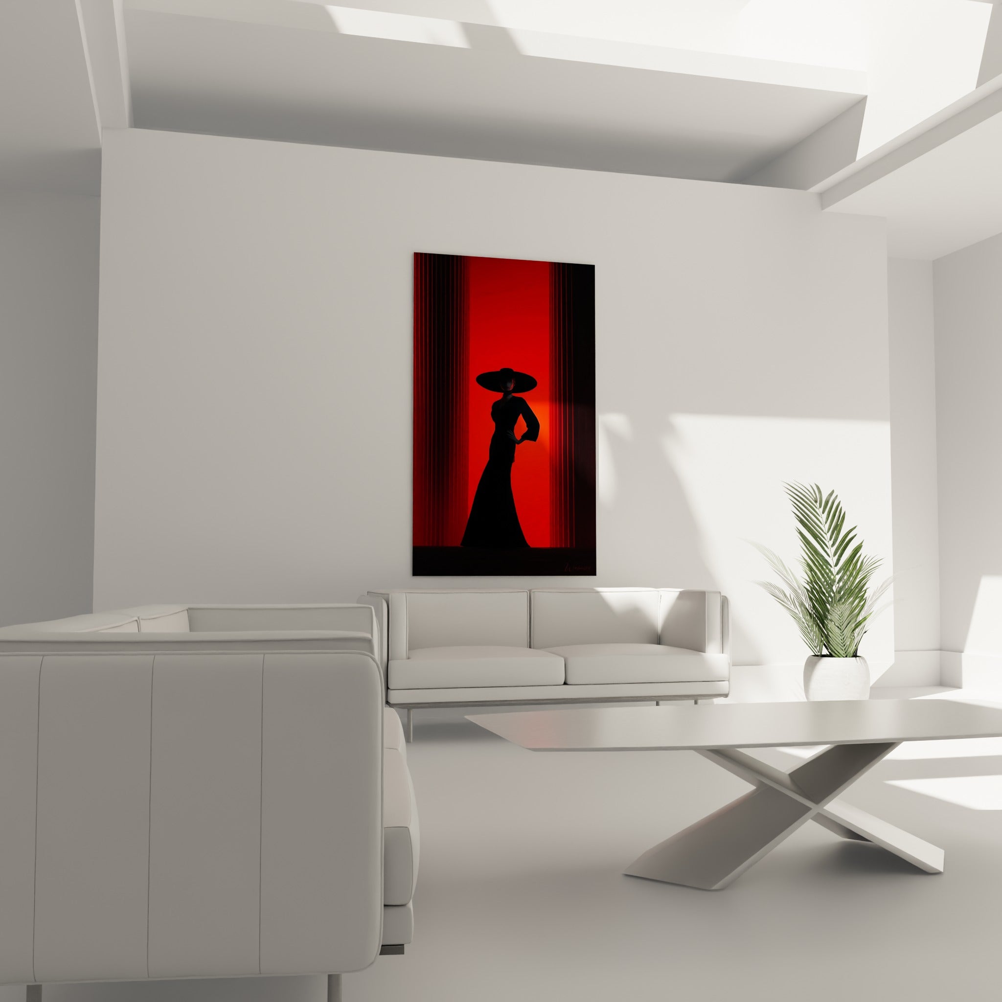 Élégante silhouette anthracite se découpant sur un rouge vif, illustration de mode au-dessus d'un canapé dans un salon lumineux