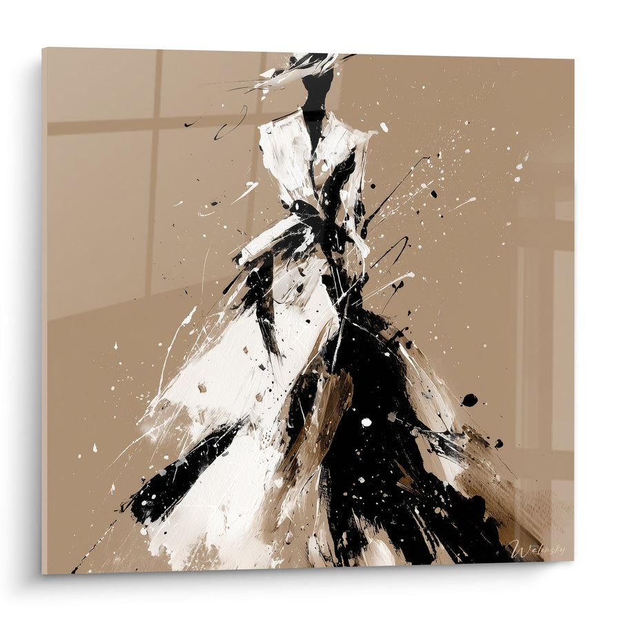 Tableau Silhouette robe noire et blanche éclaboussée - Envolée sur podium - Edition Illustration de mode