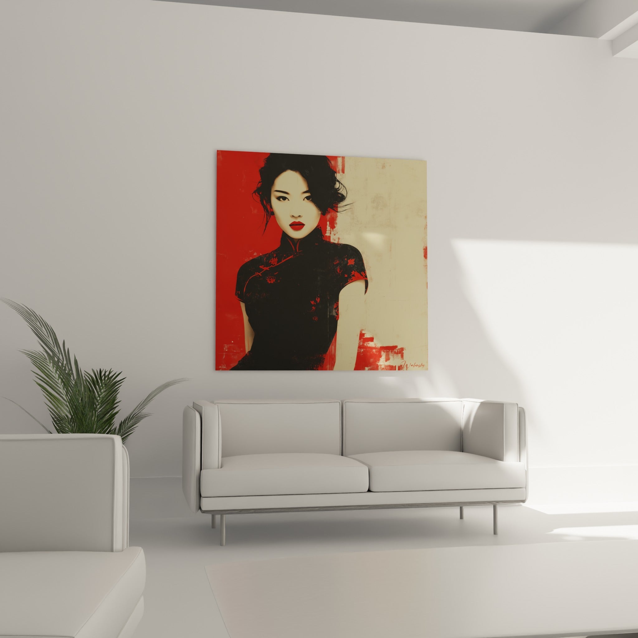 Silhouette en robe traditionnelle noire à motifs rouges, visage clair saisissant, au-dessus d'un canapé dans un salon lumineux
